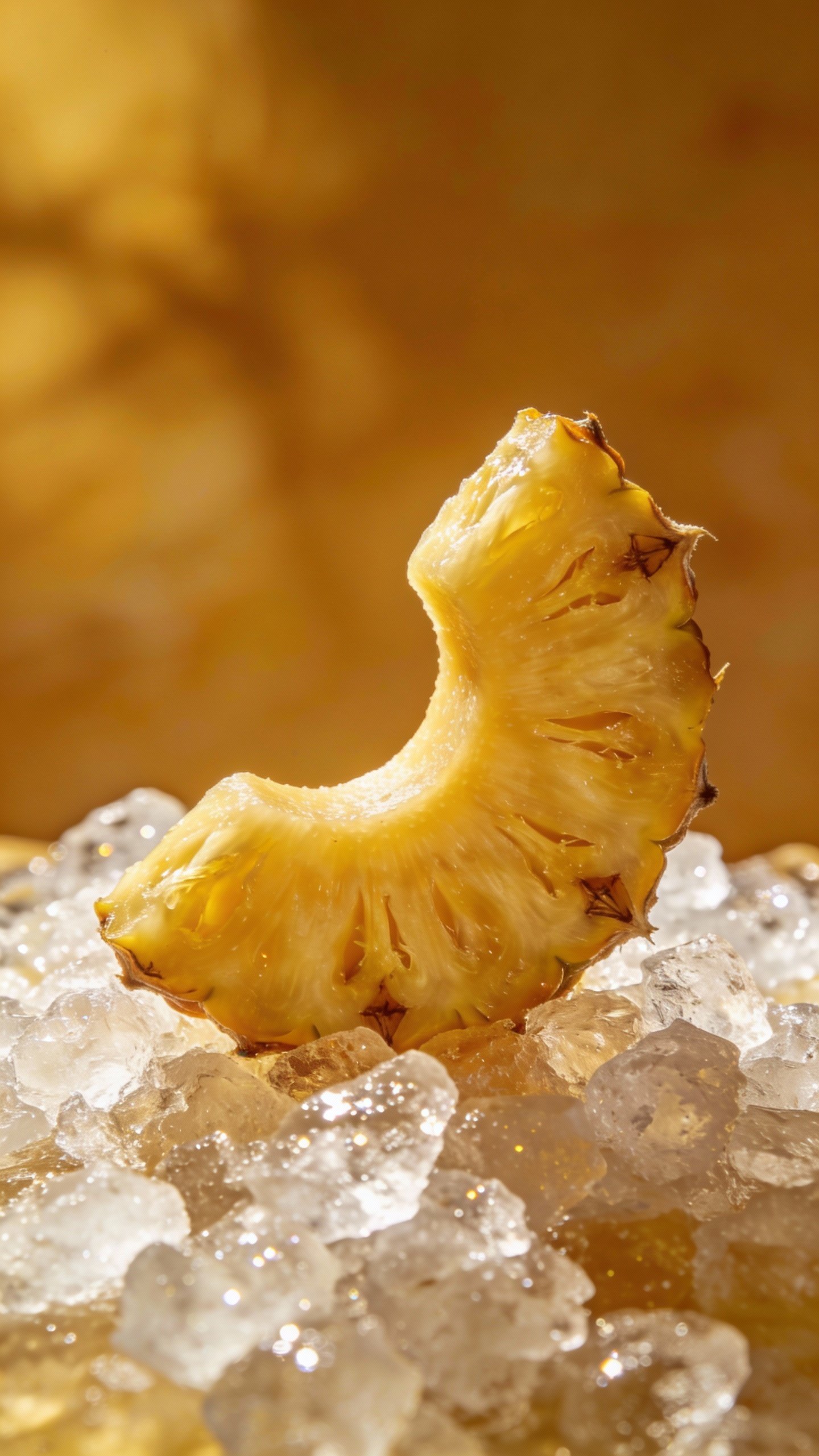 single ripe pineapple slice on crushed ice, studio lighting