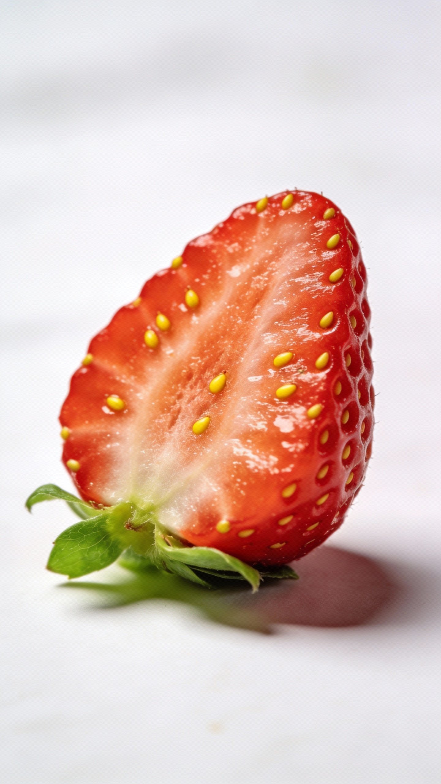 closeup of halved strawberry with visible seeds, bright backdrop