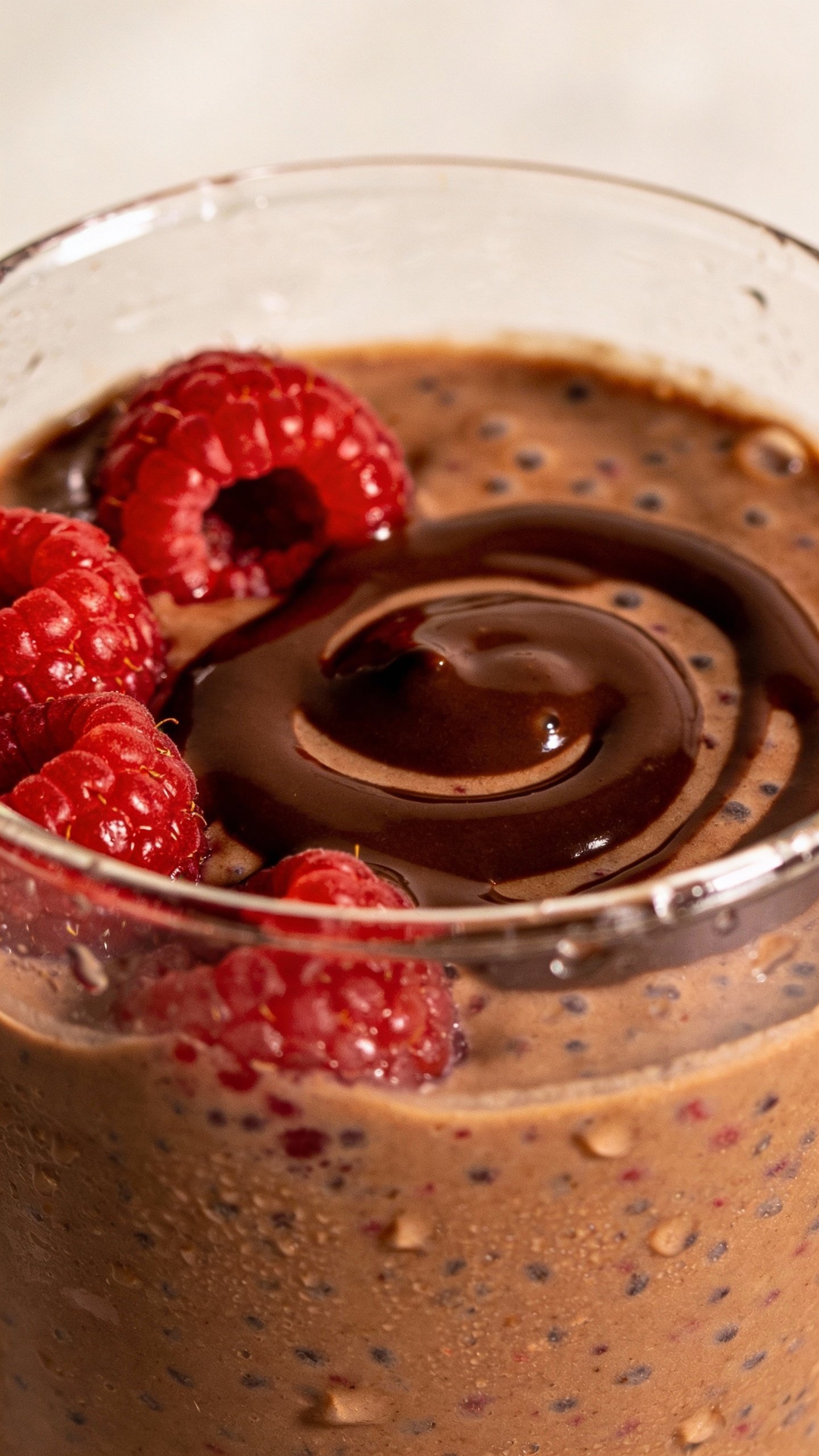 closeup chocolate raspberry recovery smoothie in clear glass