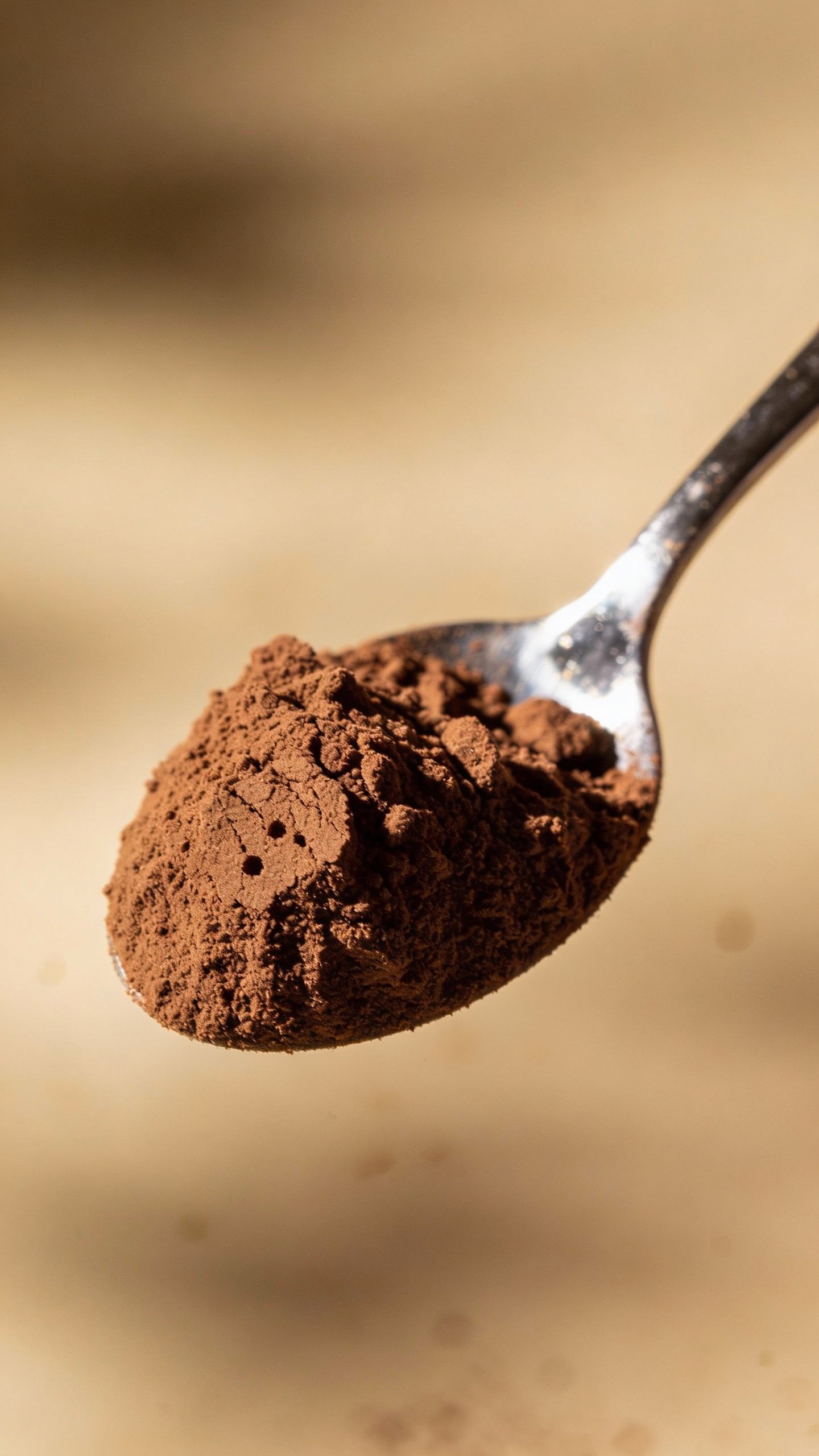 single scoop chocolate protein powder on stainless tablespoon