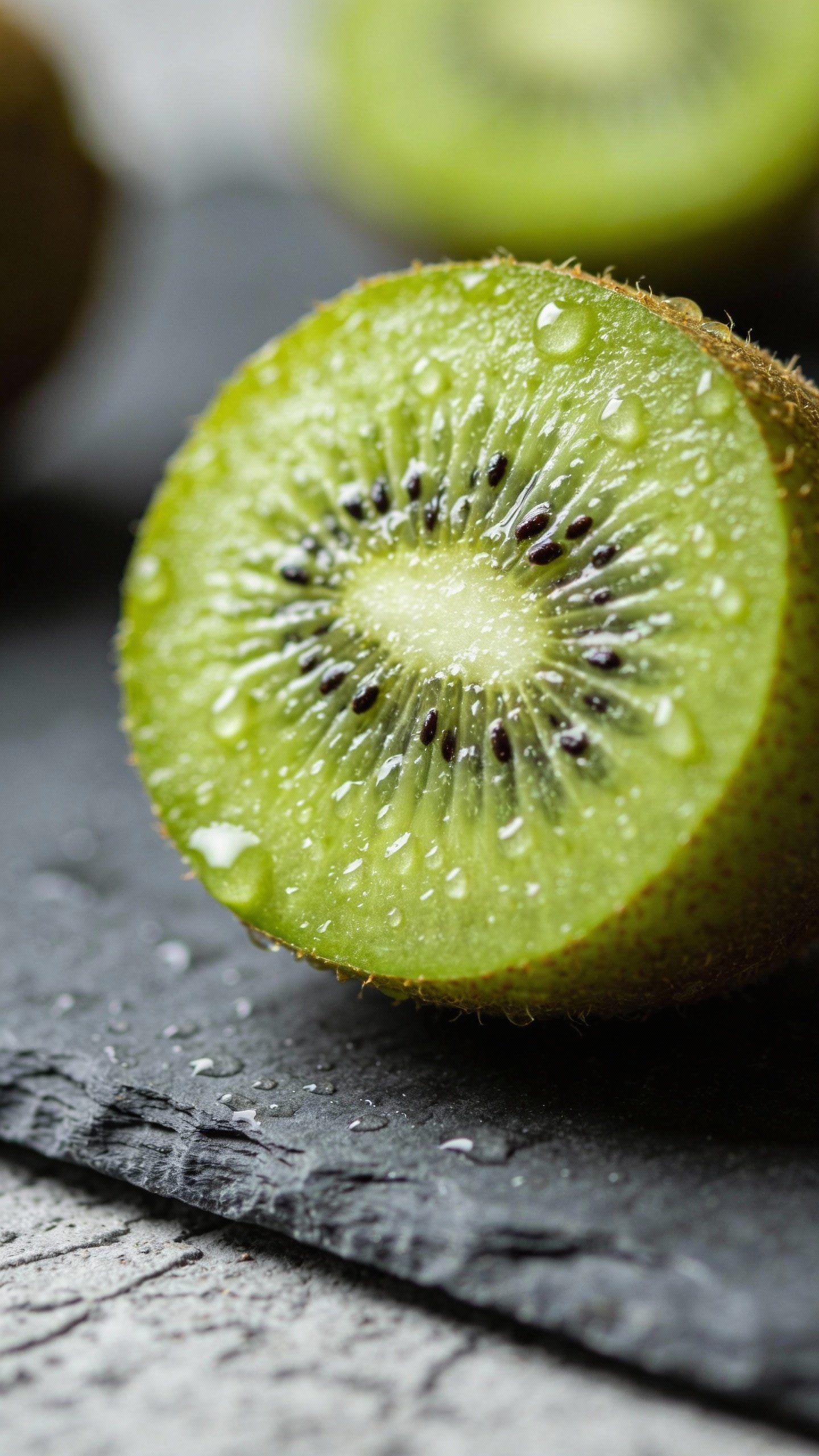 single halved kiwi with dewdrops on slate background