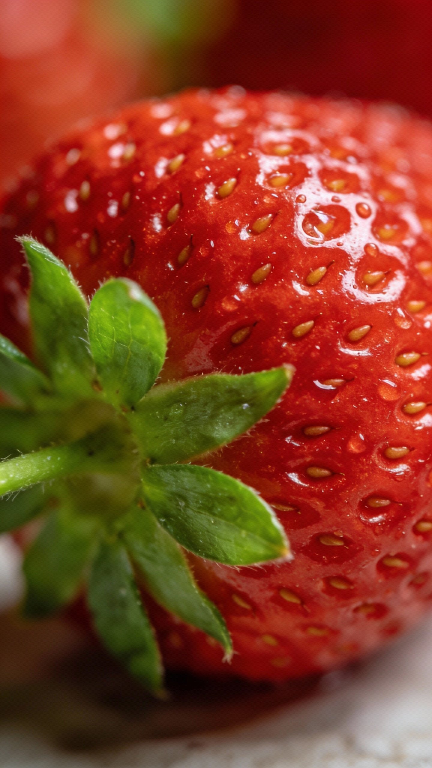 single ripe strawberry with seeds glistening, macro shot