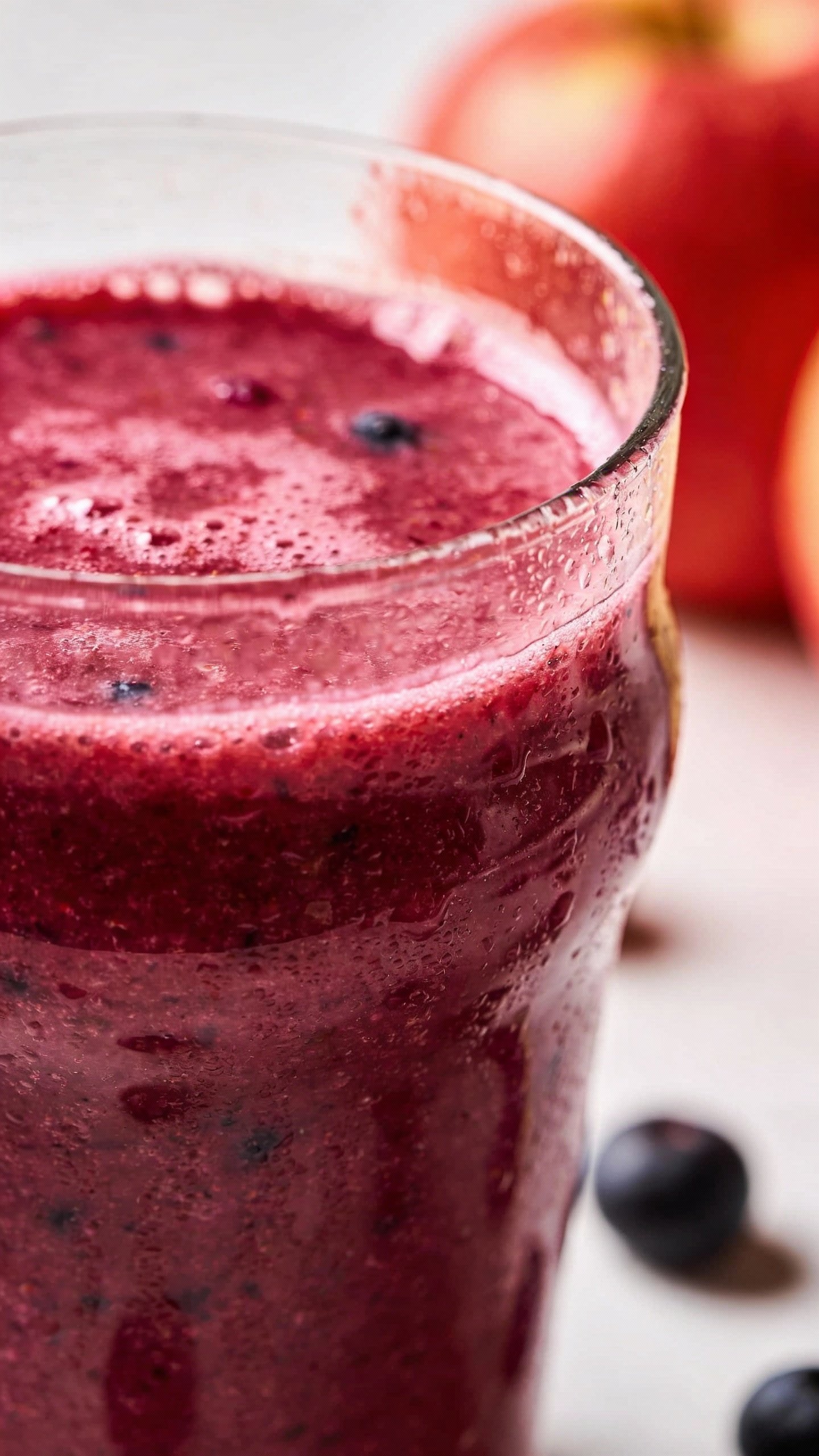 closeup apple berry antioxidant smoothie in clear glass, condensation
