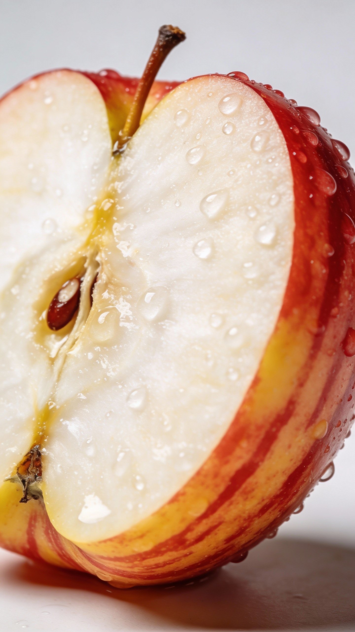 single sliced Honeycrisp apple with dewdrops, sharp studio lighting