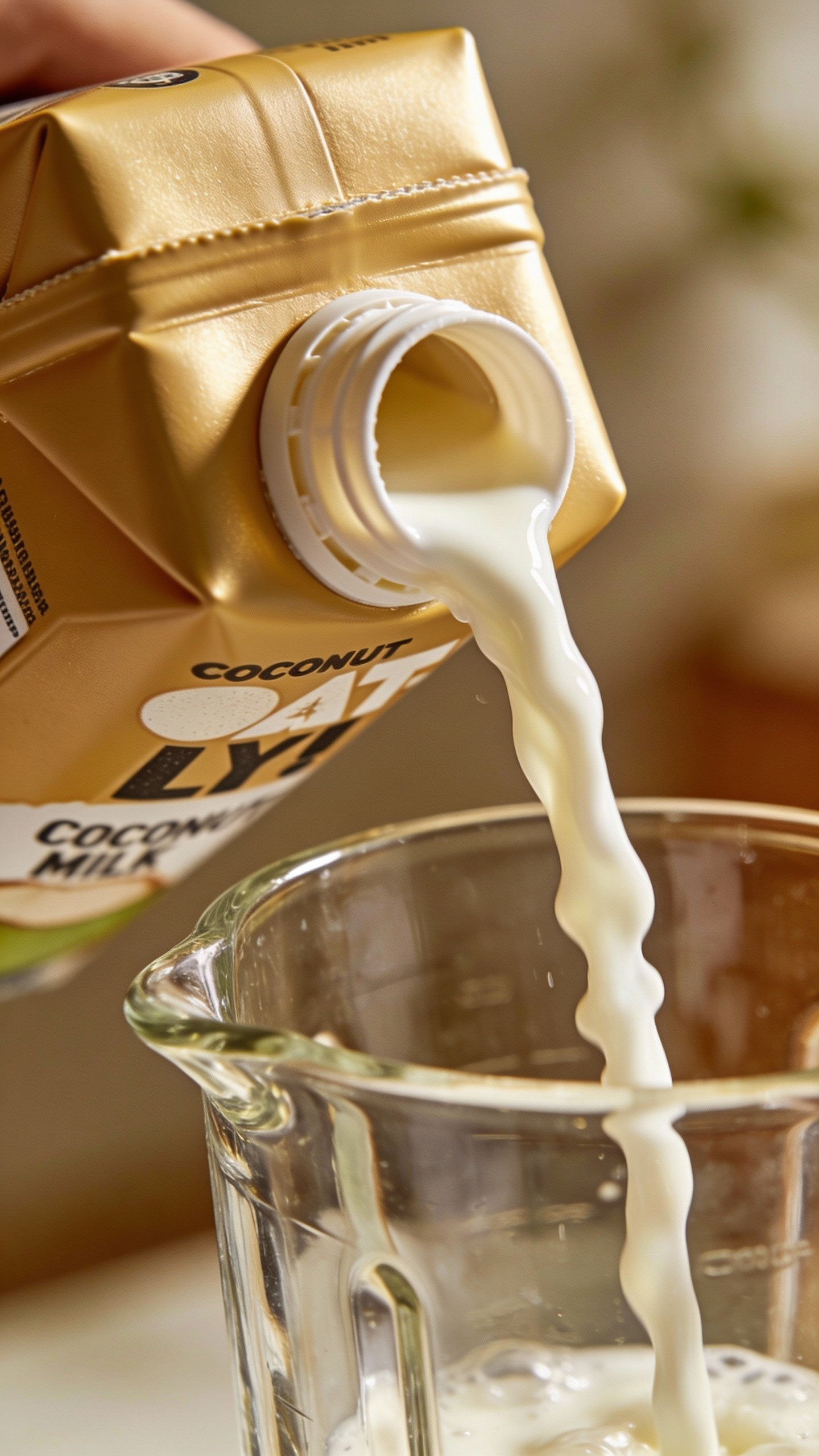 coconut milk carton pour into blender jar, tight shot