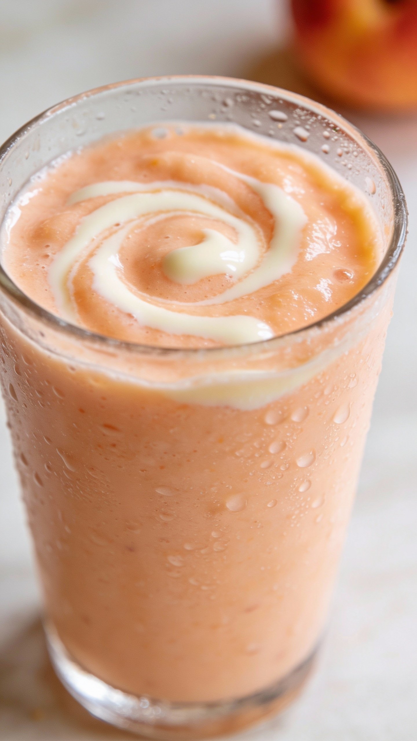 closeup peach vanilla smoothie in clear glass, soft daylight