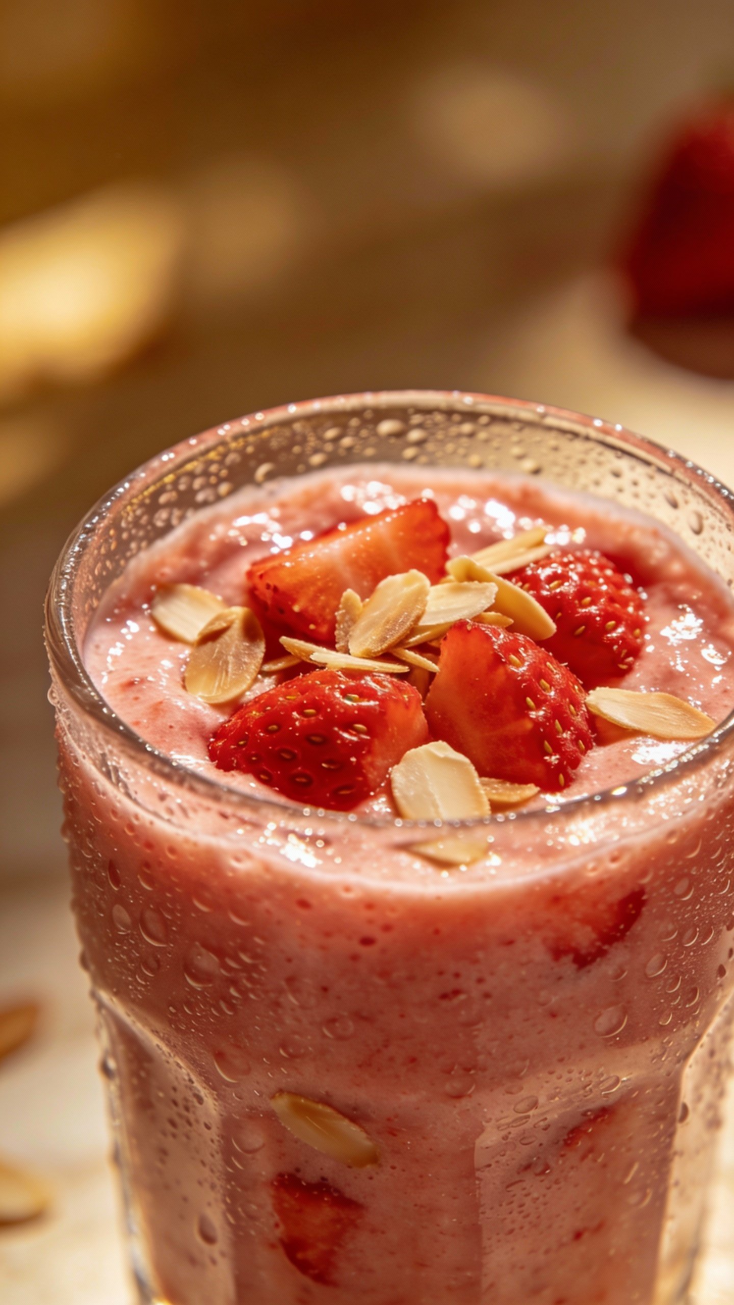 closeup strawberry almond cream smoothie in clear glass, condensation
