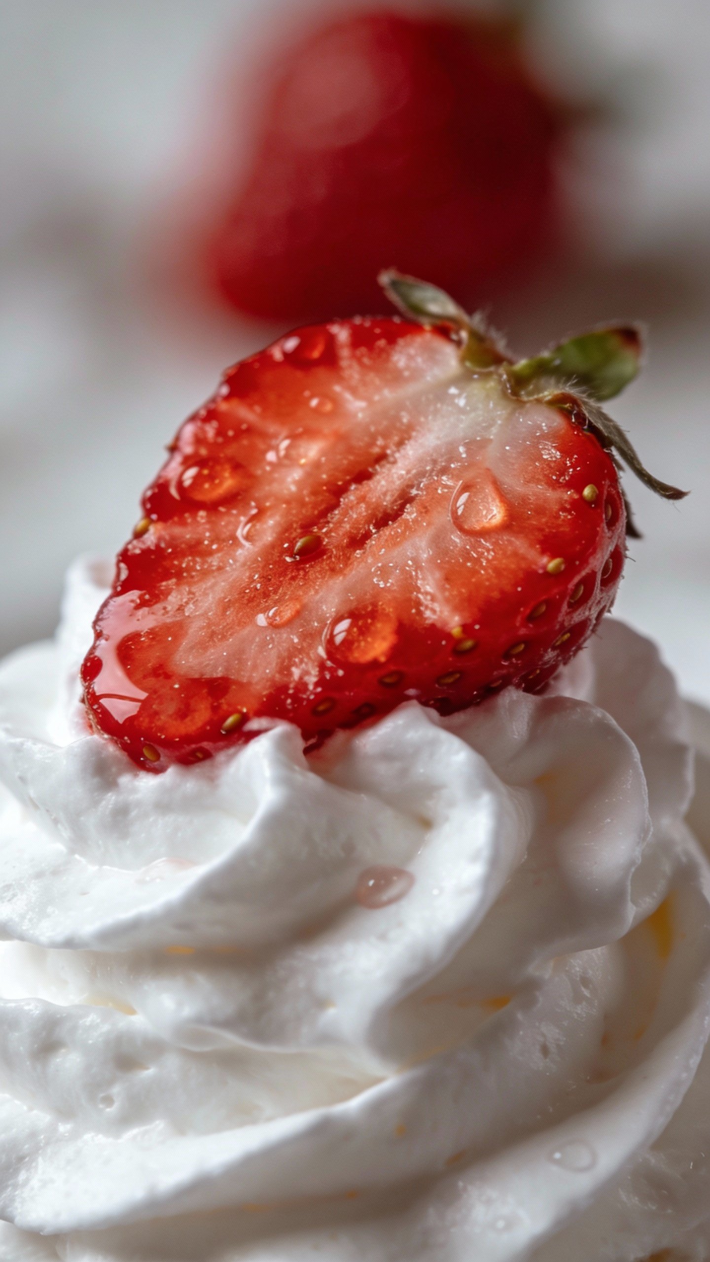 macro shot of sliced strawberry atop whipped cream swirl