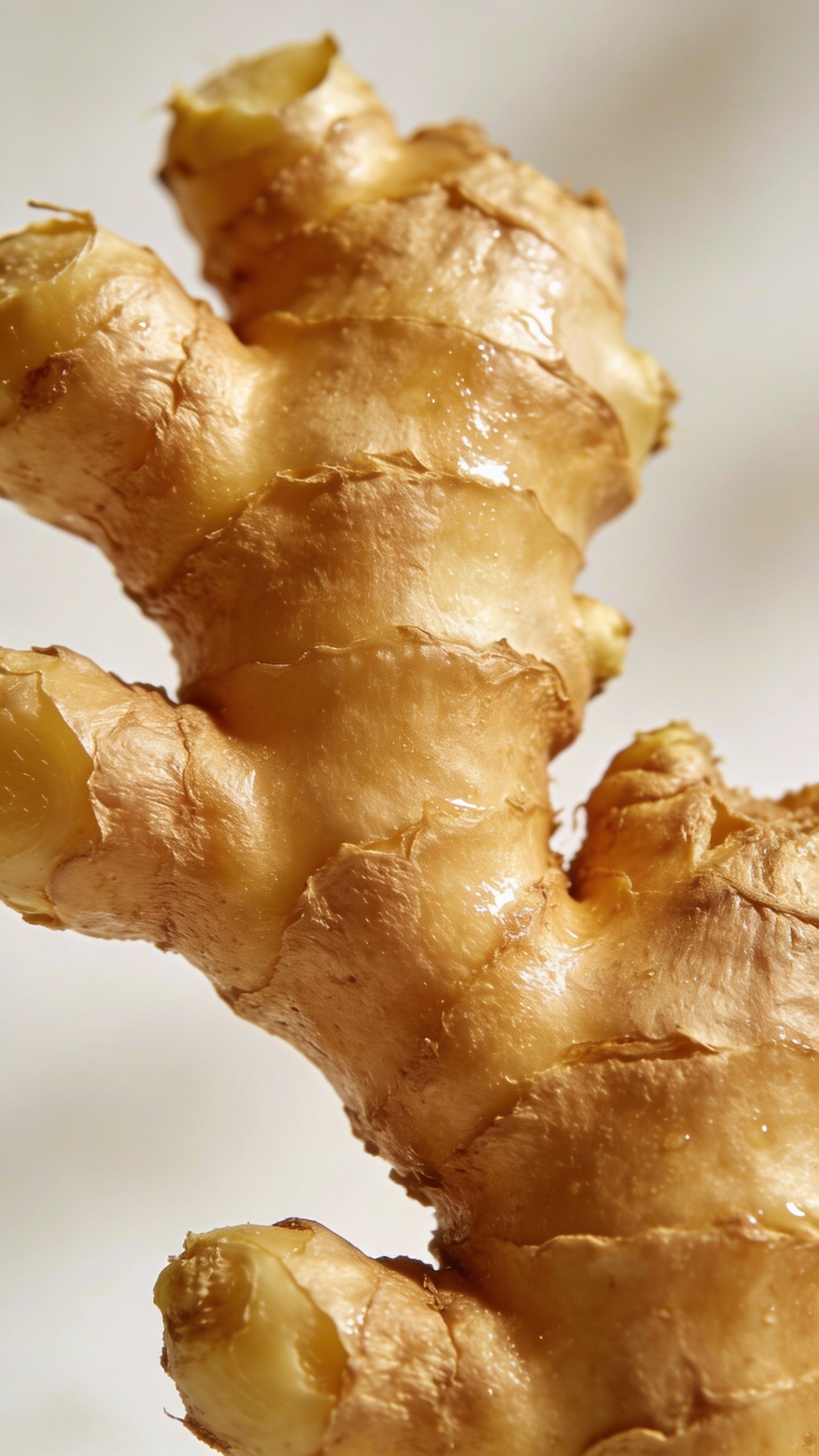 closeup peeled ginger root with visible knobby texture