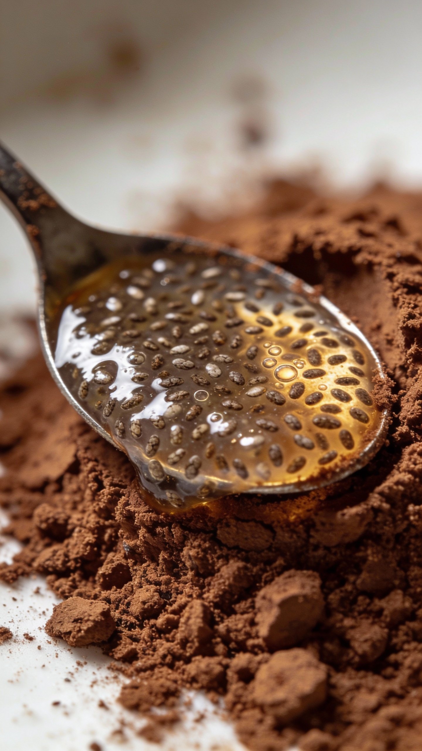 spoonful of swollen chia seeds over cocoa powder, macro shot