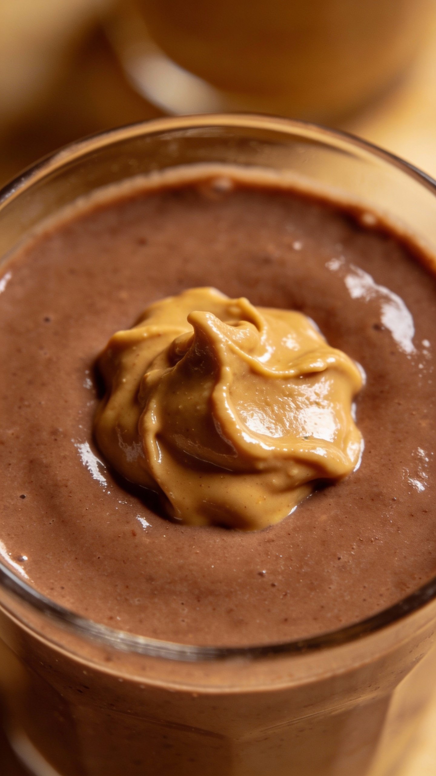 dollop of almond butter on chocolate smoothie surface, overhead shot