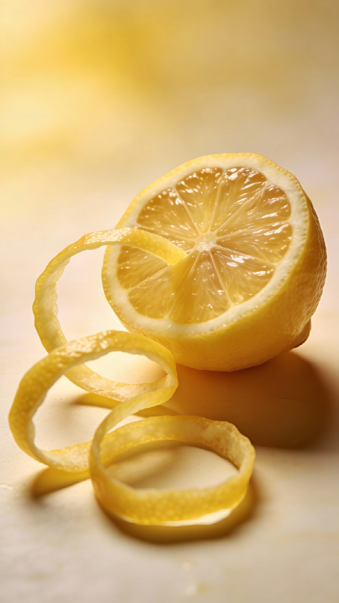 single lemon half with curled zest ribbons, macro shot