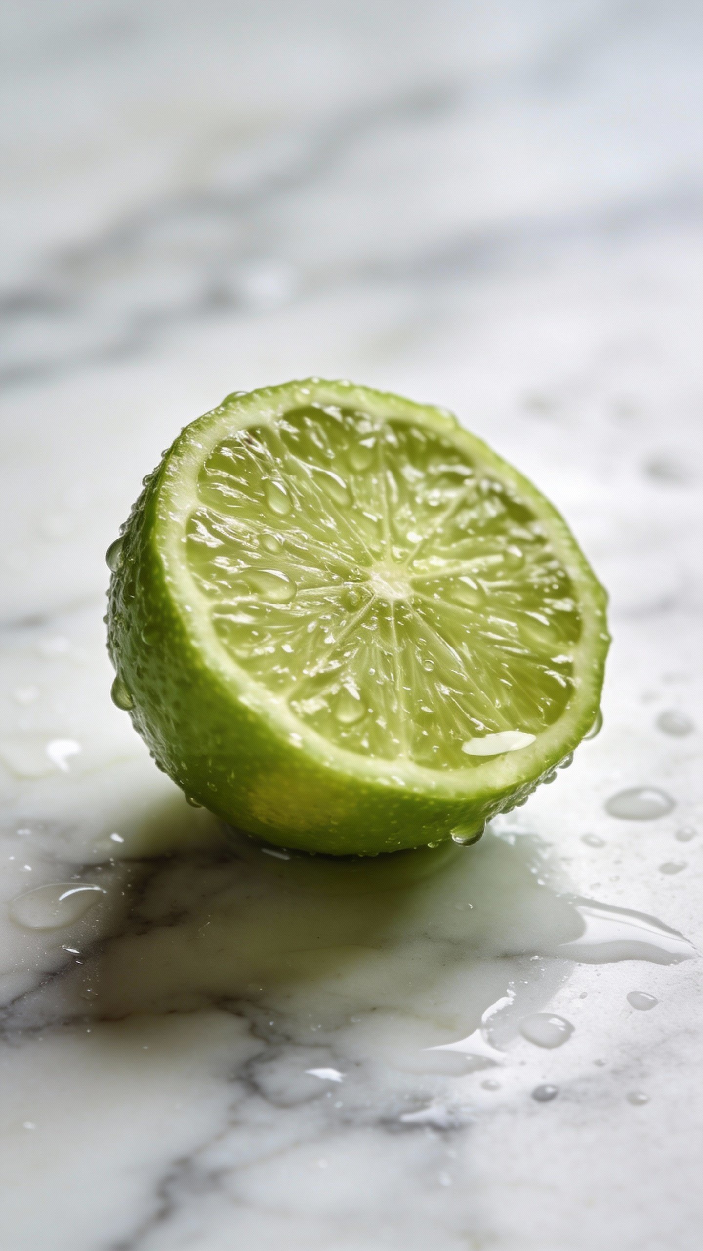 single halved lime with condensation on marble