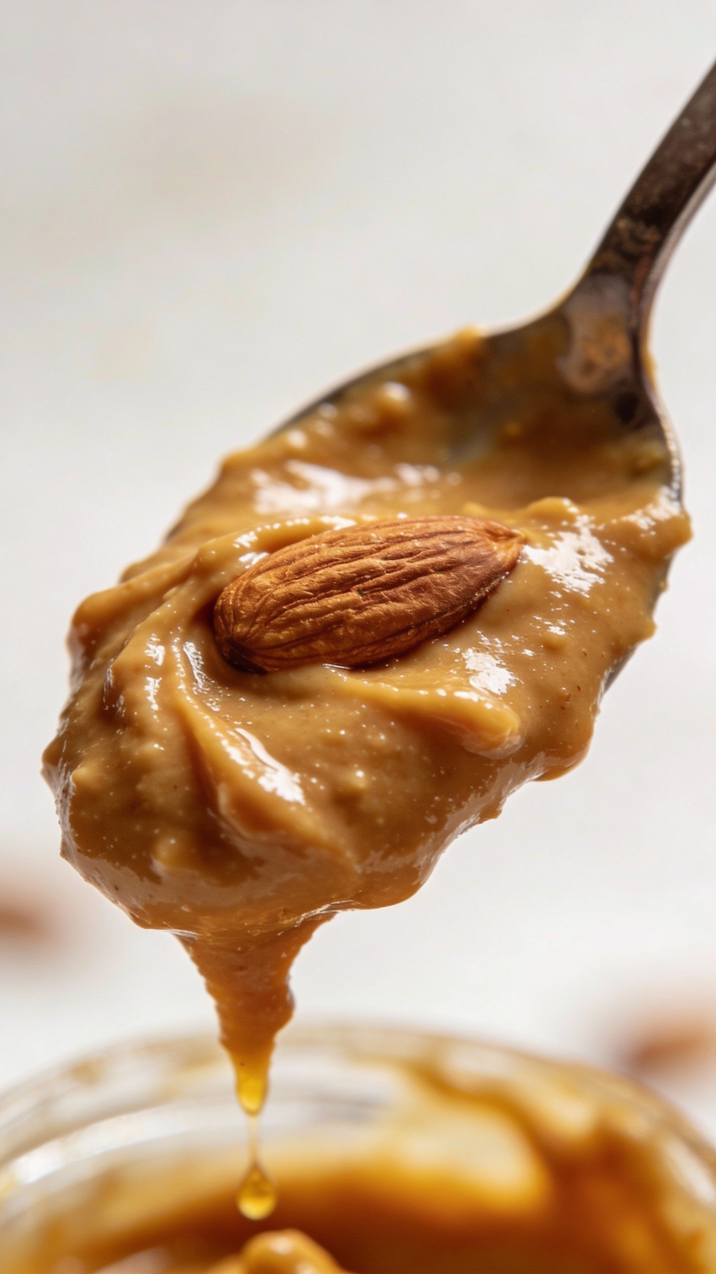 spoonful of creamy almond butter, macro shot, neutral backdrop