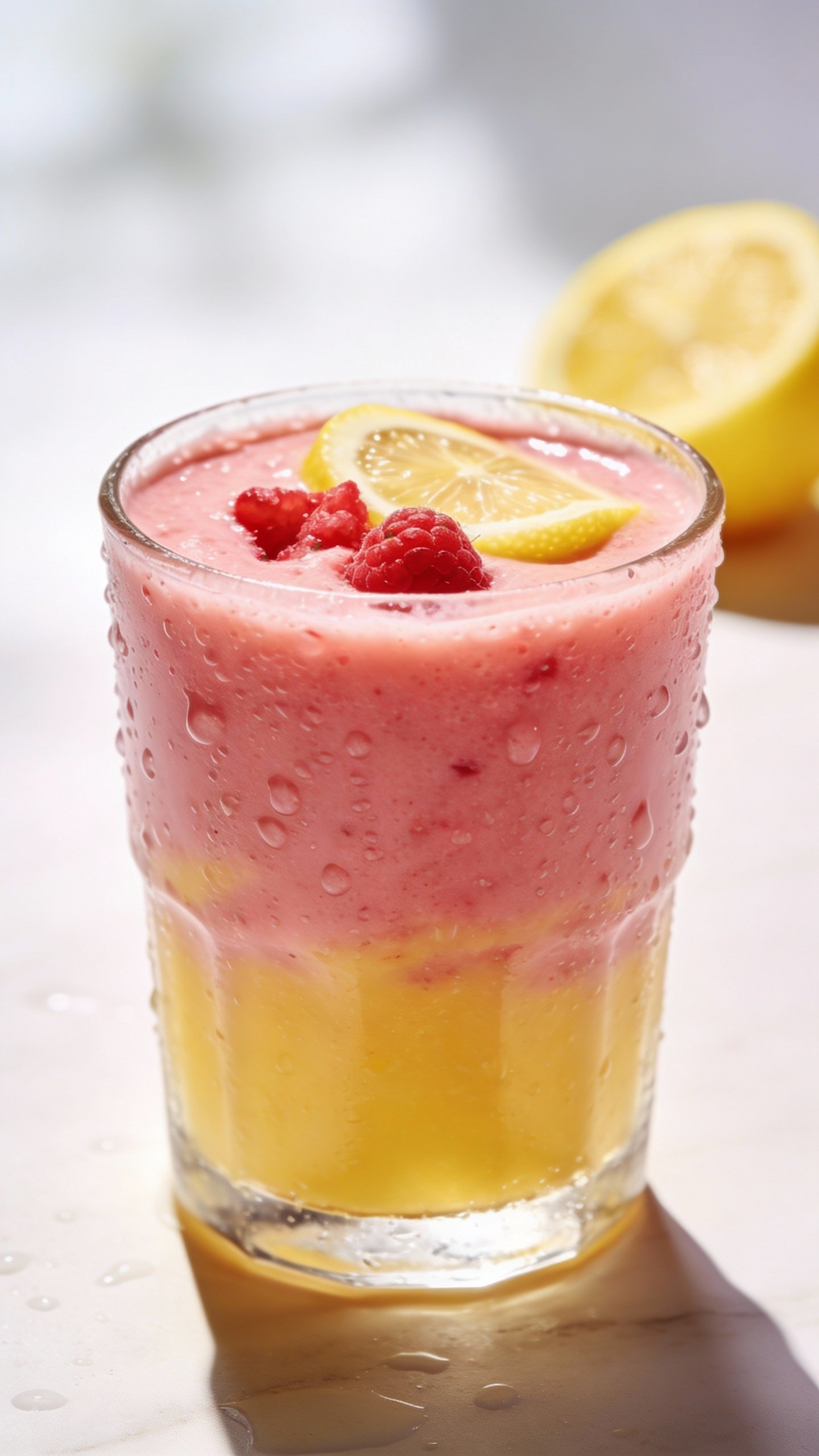 closeup lemon raspberry smoothie in clear glass, condensation, bright backdrop