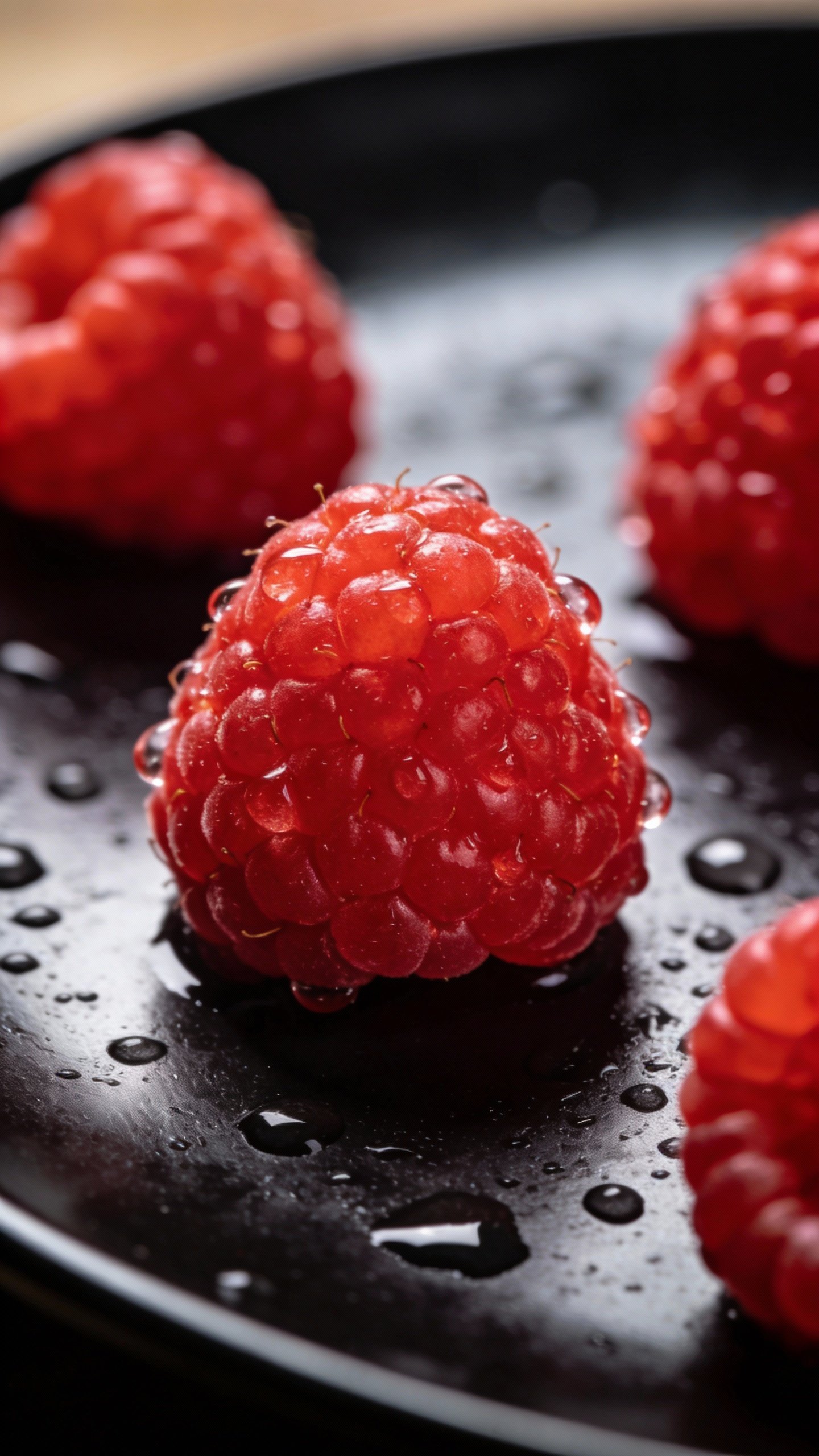 macro shot of fresh raspberries with dewdrops on matte black plate