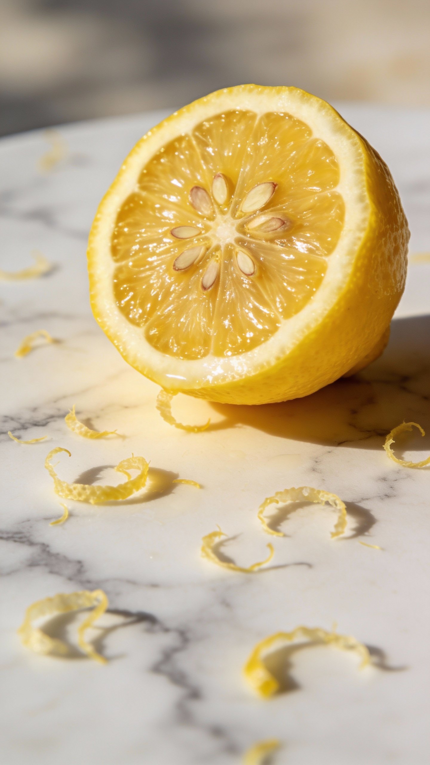 single lemon half on marble, visible pulp and zest curls