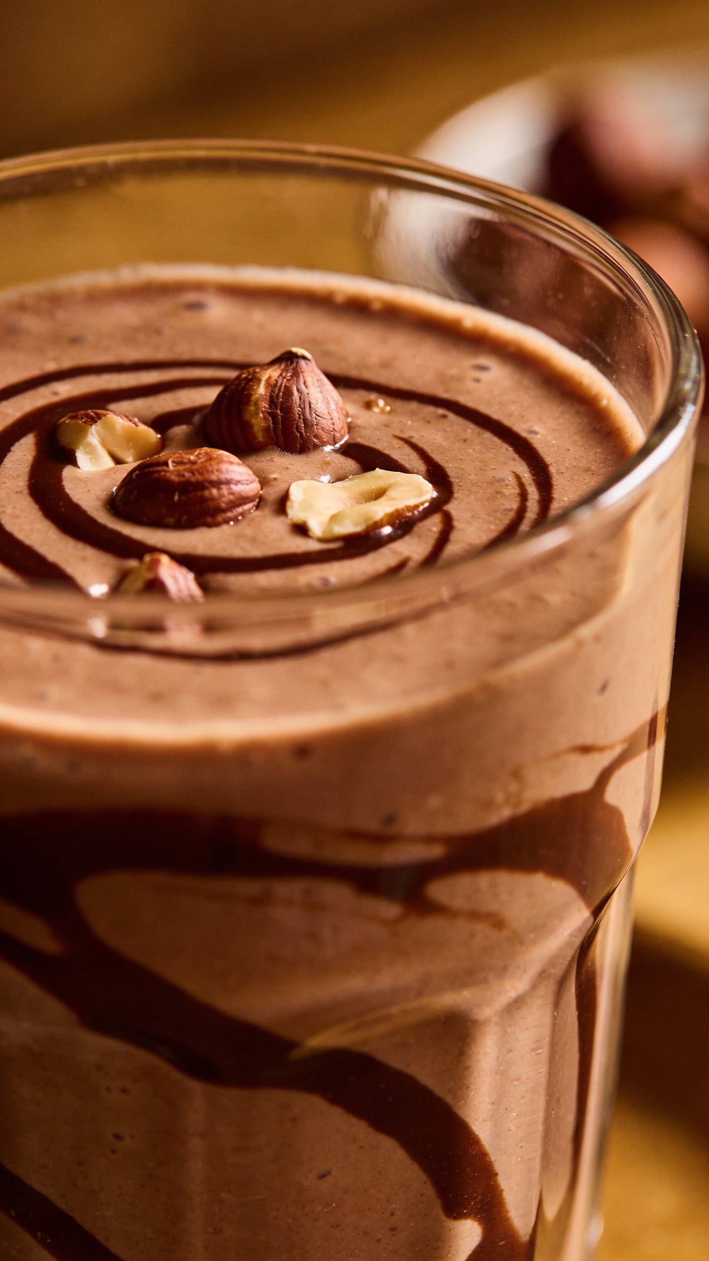 closeup chocolate hazelnut protein smoothie in clear glass