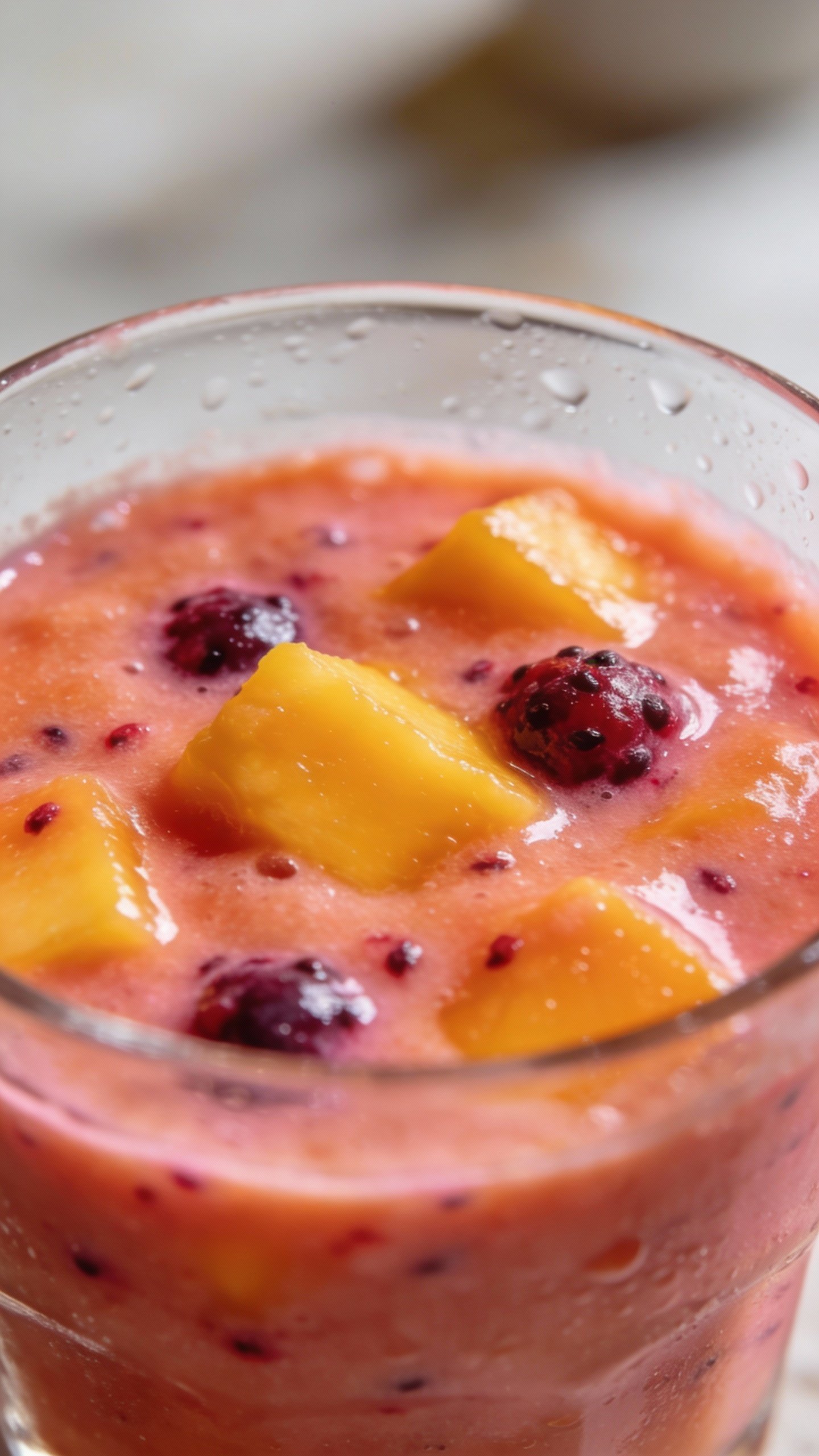 Closeup mango berry smoothie in clear glass, soft daylight