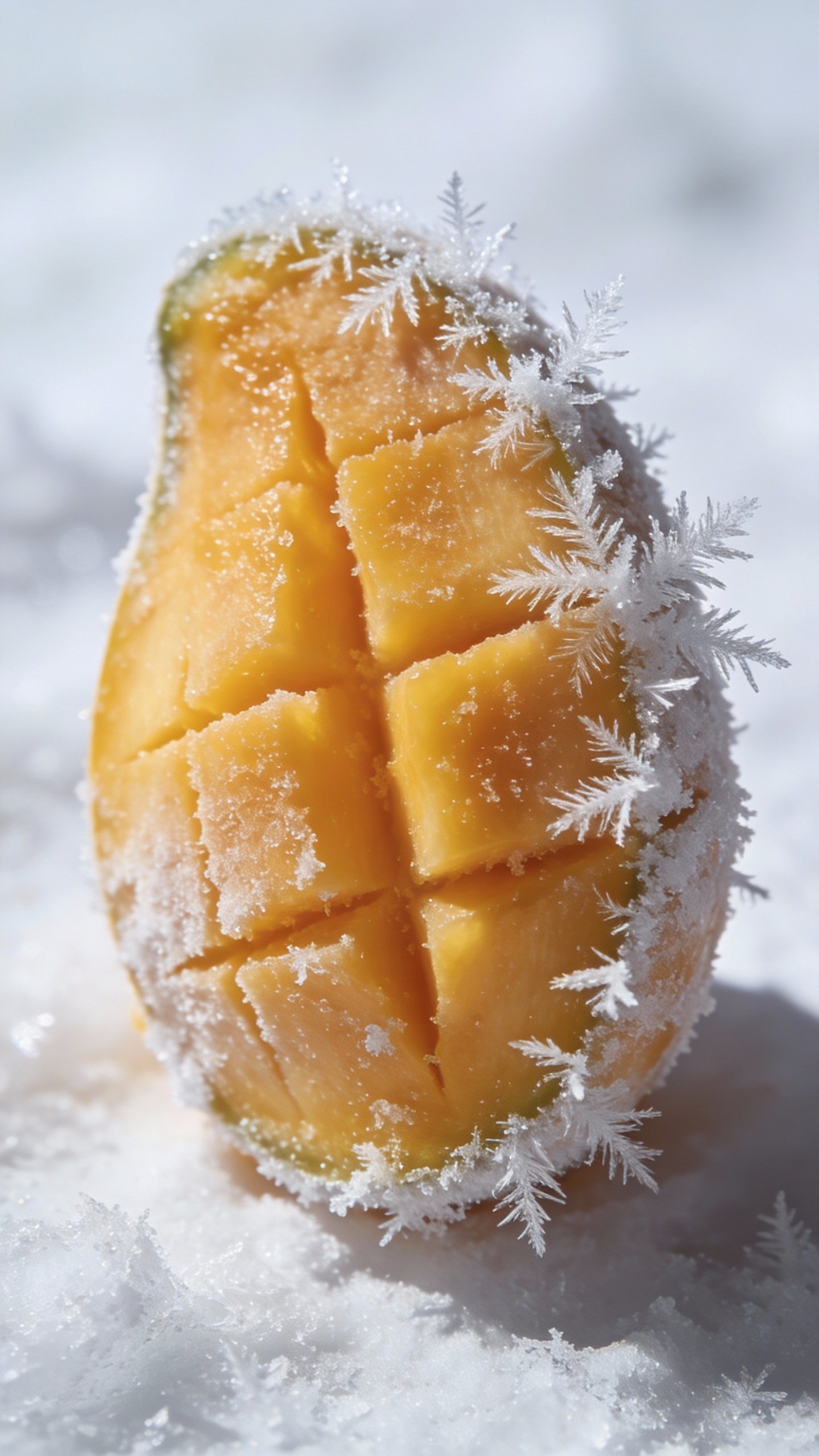 Single frozen mango chunk with frost, macro studio shot