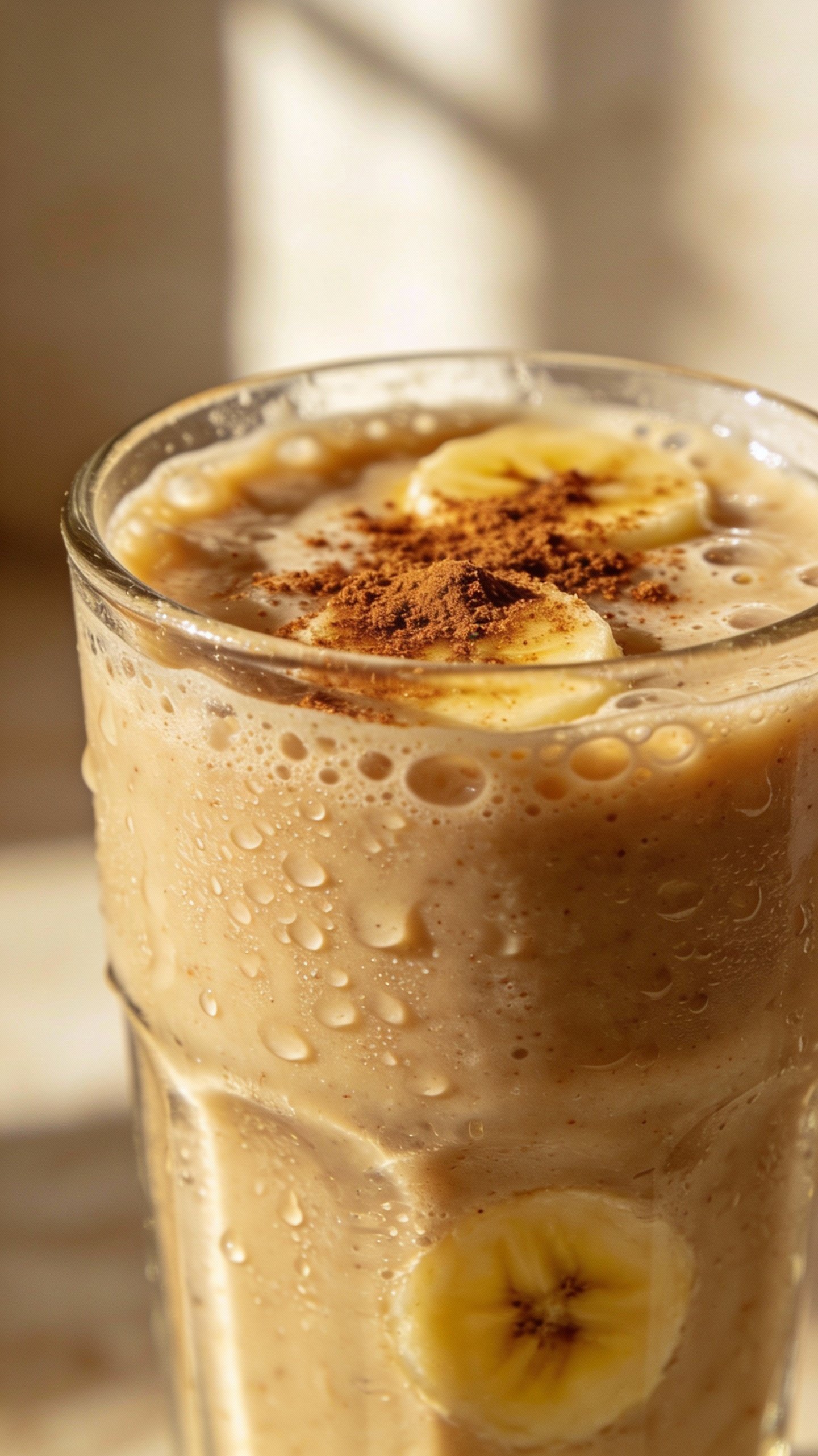 closeup banana cinnamon smoothie in clear glass, soft window light