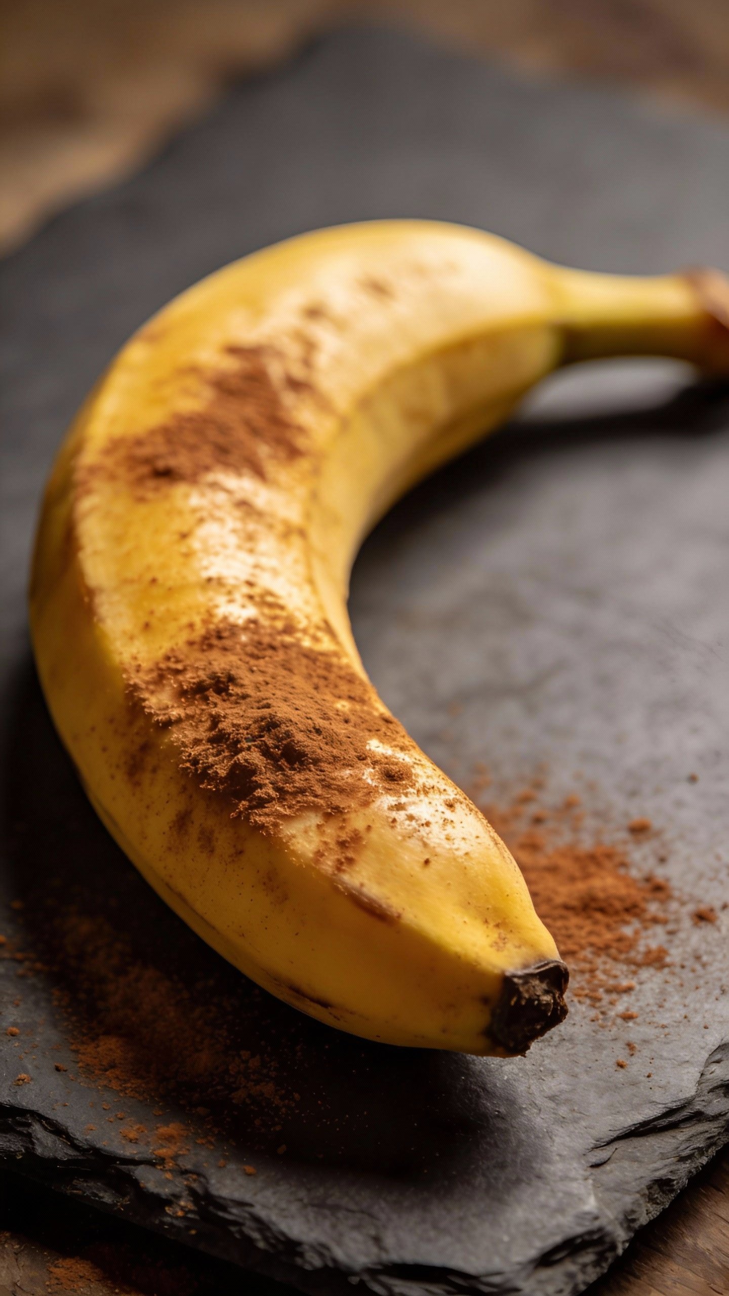 single ripe banana with dusted cinnamon on matte slate background