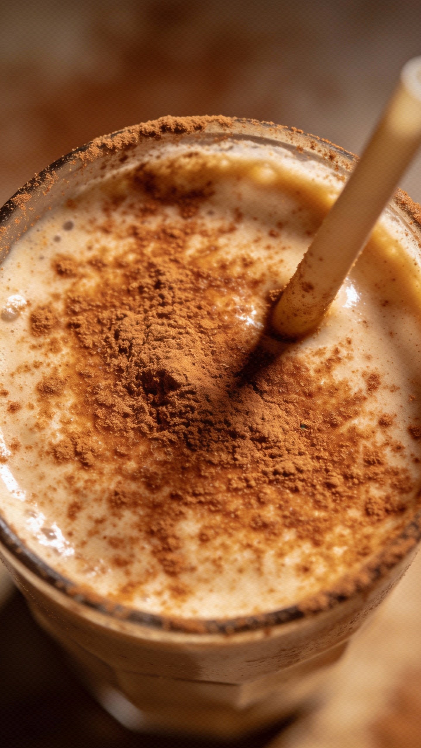 cinnamon-dusted smoothie surface with straw, overhead macro shot