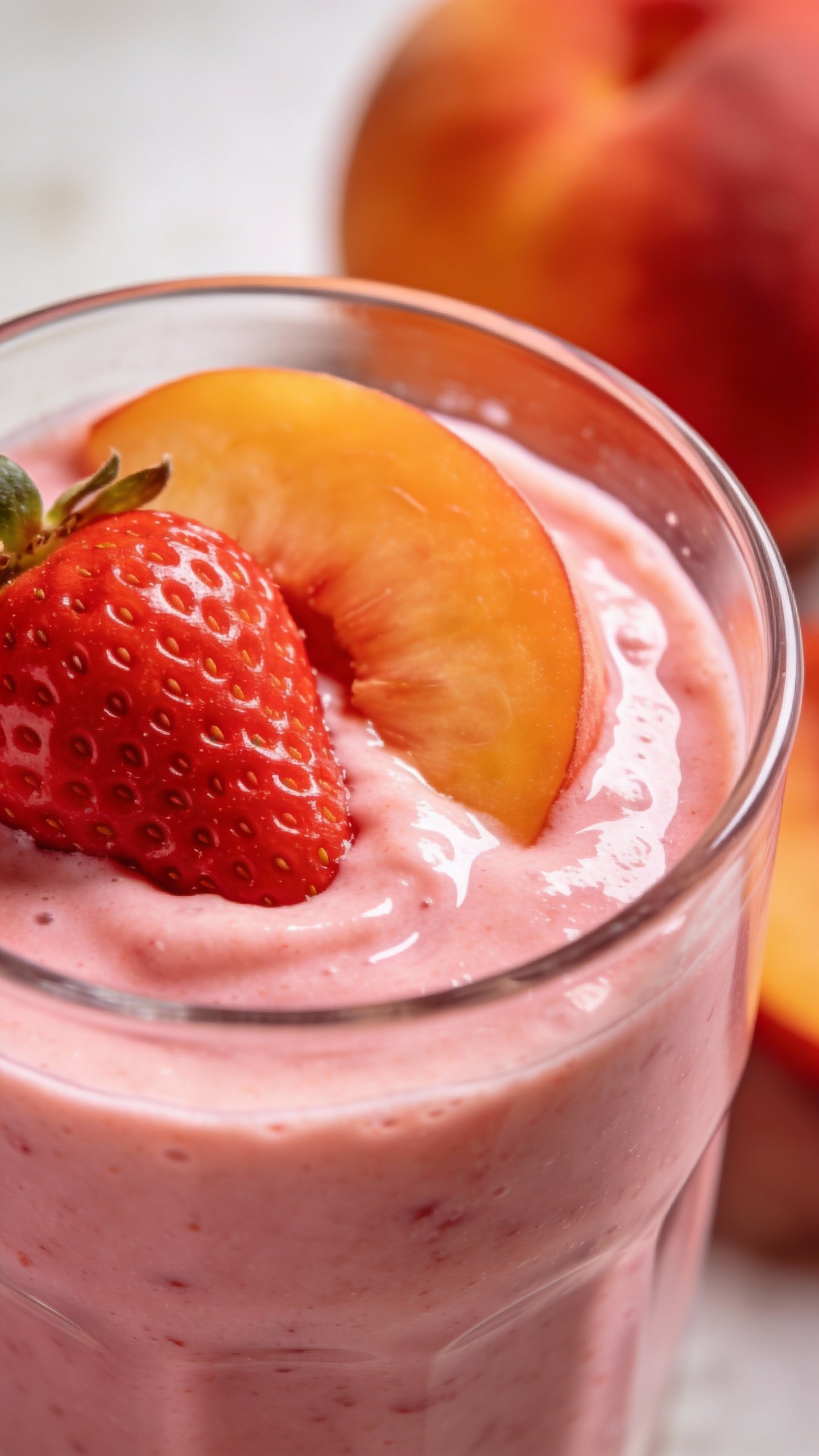 closeup strawberry peach smoothie in clear glass, creamy texture