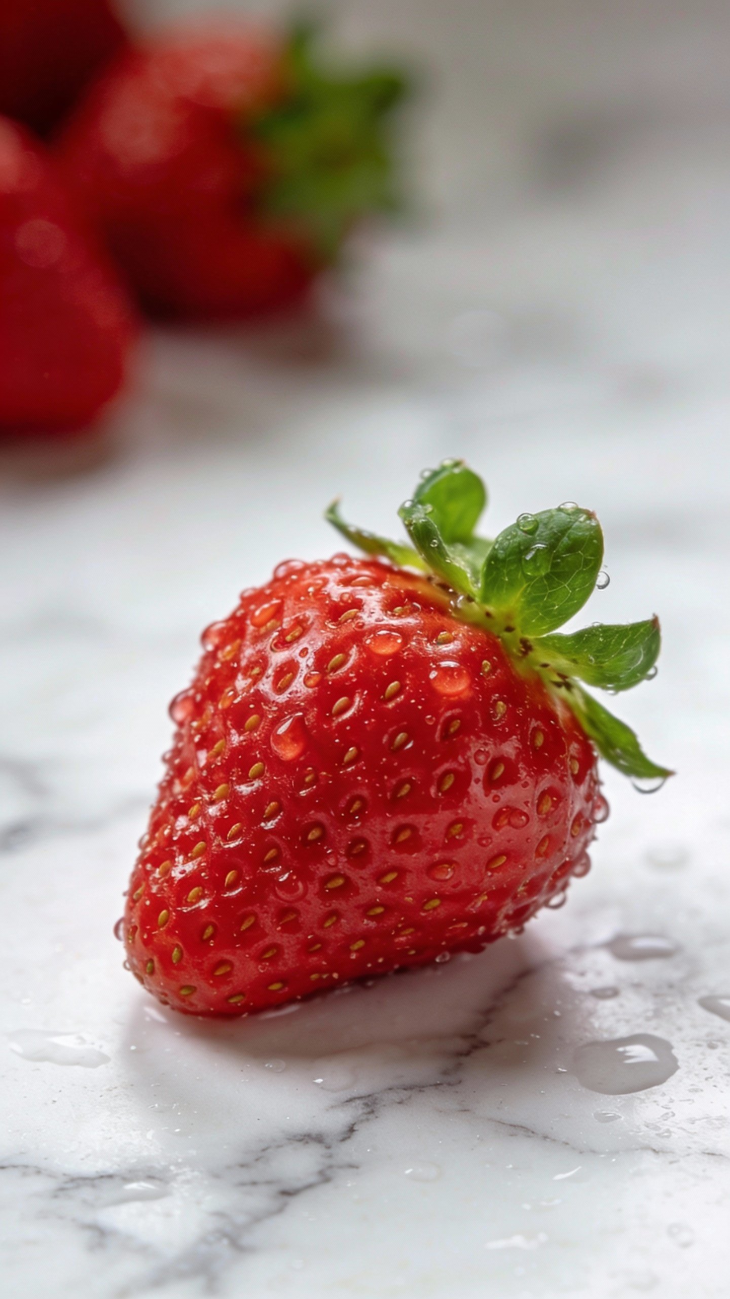 single ripe strawberry with dewdrops on white marble surface