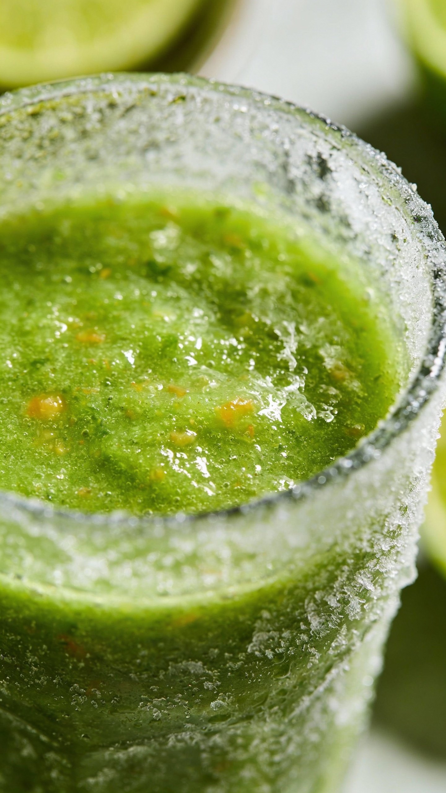 closeup glass of green detox citrus smoothie, frosty condensation