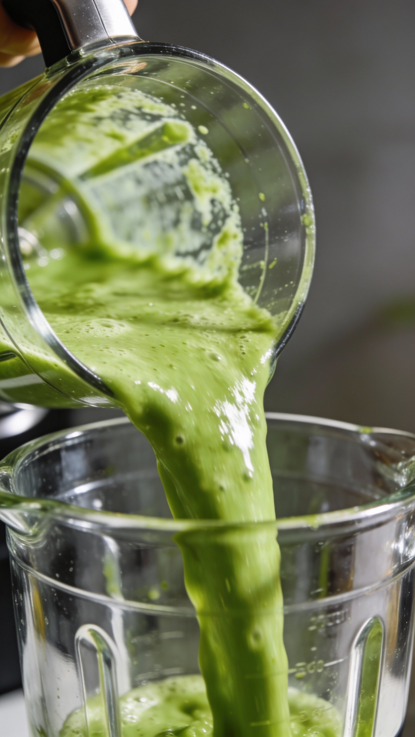 stainless blender jar pouring bright green smoothie stream
