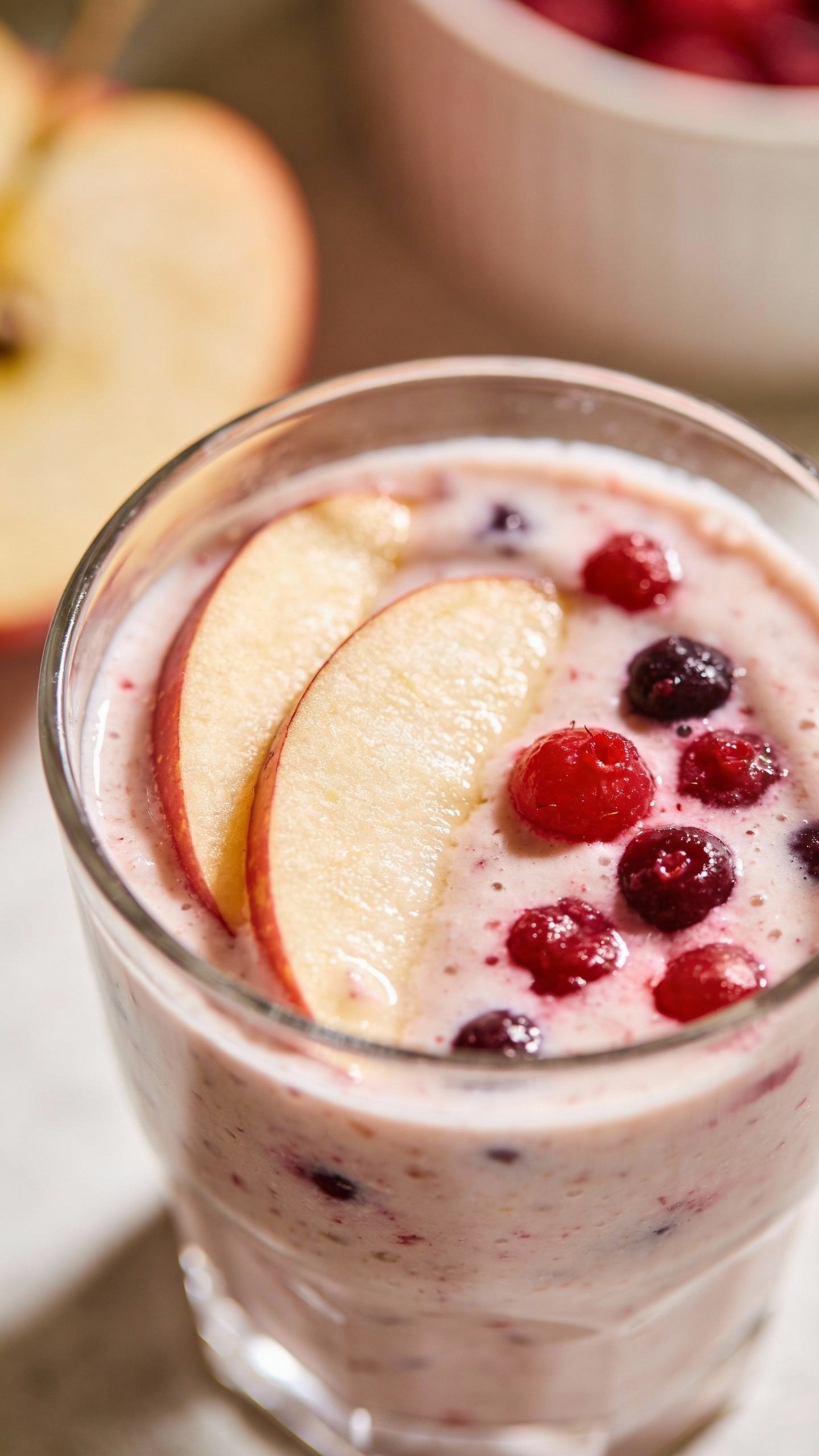 closeup apple berry smoothie in clear glass, soft morning light