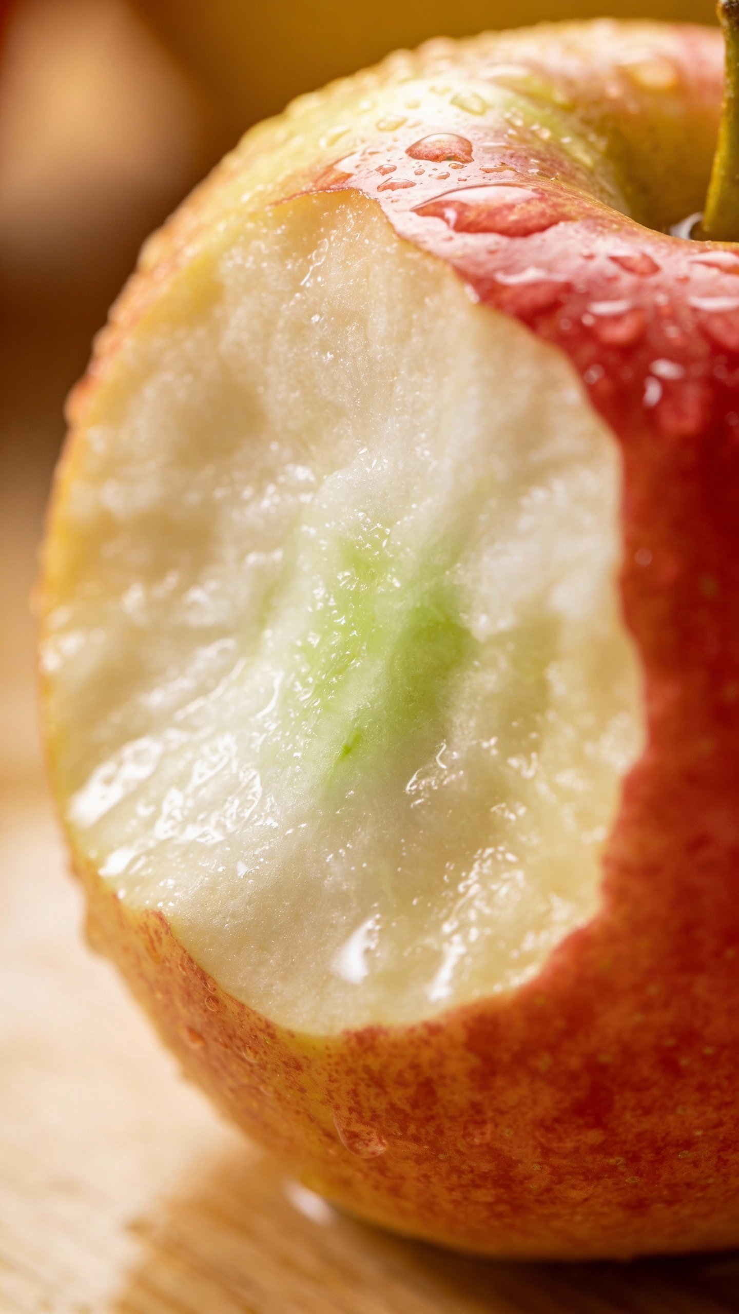 honeycrisp apple with droplets, sliced edge facing camera