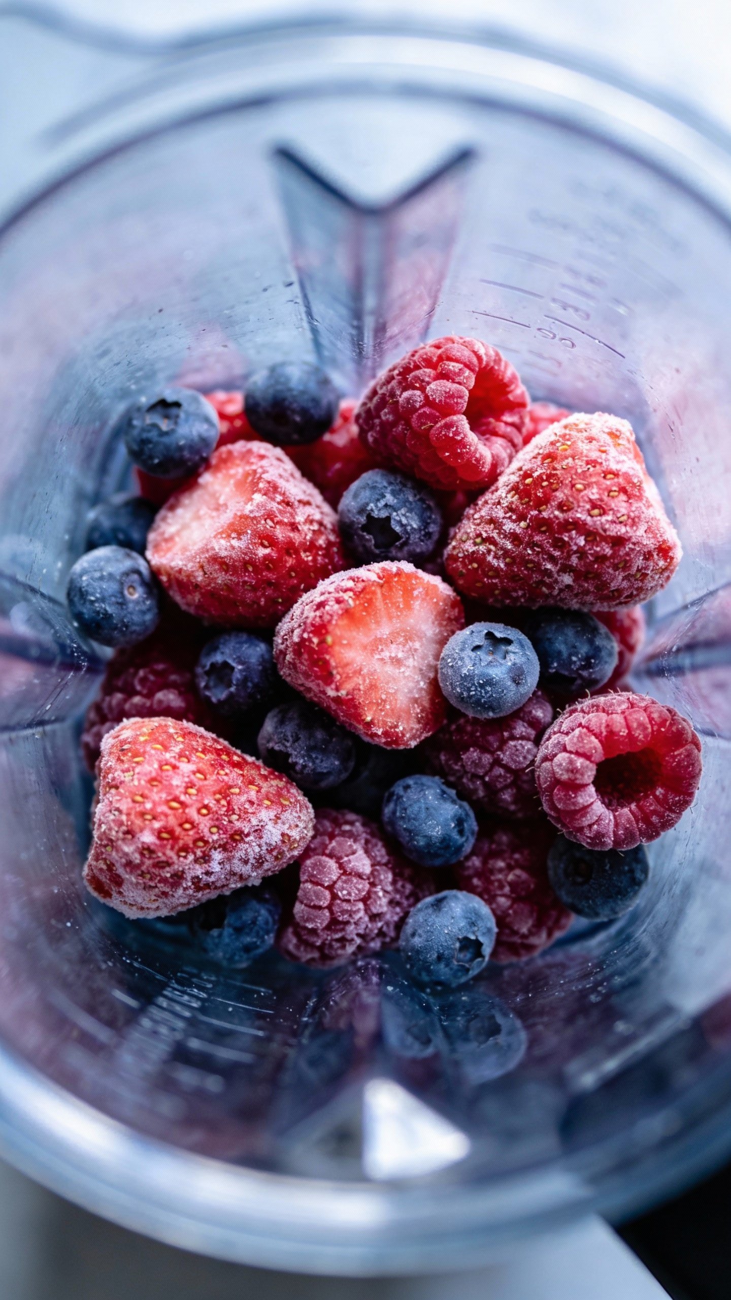 frozen mixed berries in blender cup, overhead closeup