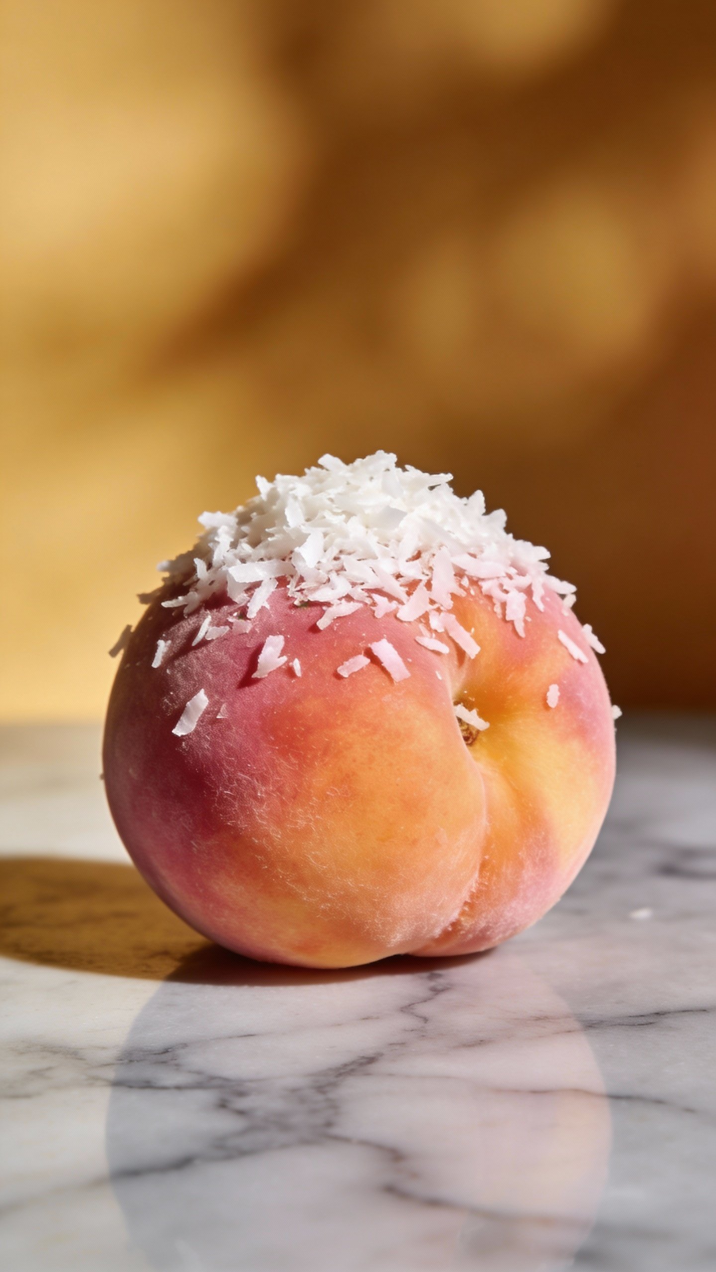 single ripe peach with coconut flakes on marble backdrop