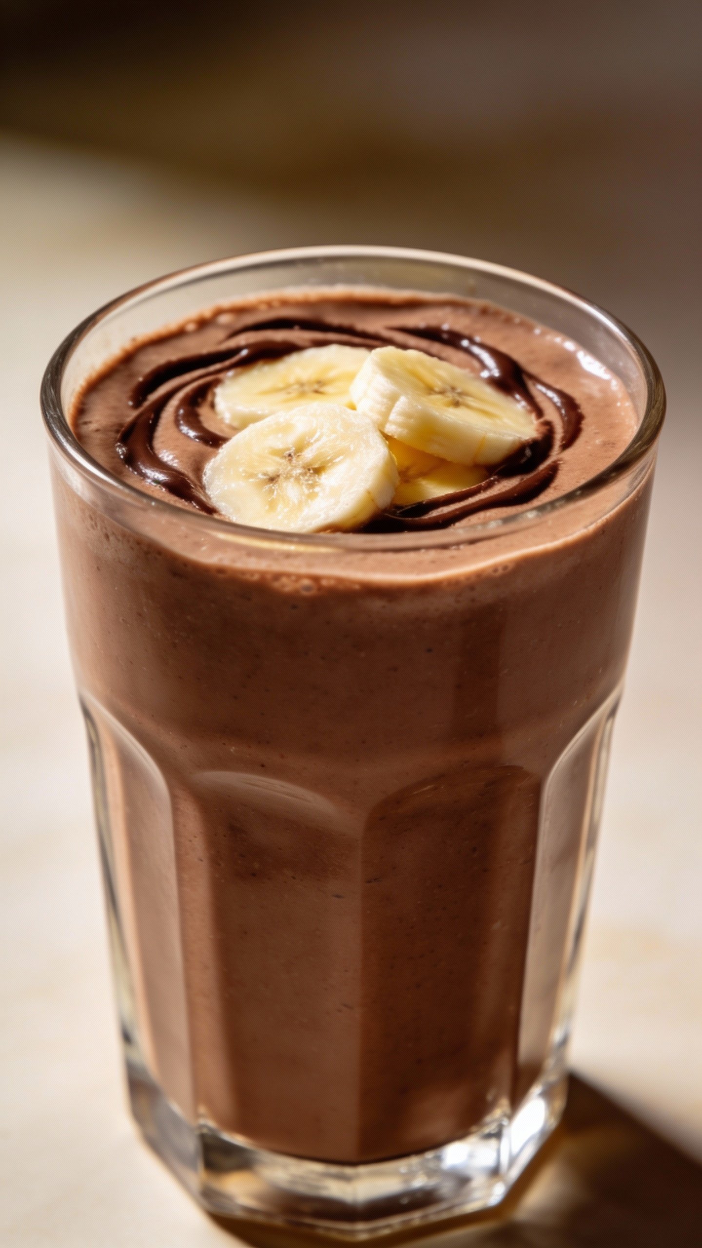 closeup chocolate banana protein smoothie in clear glass, studio lighting