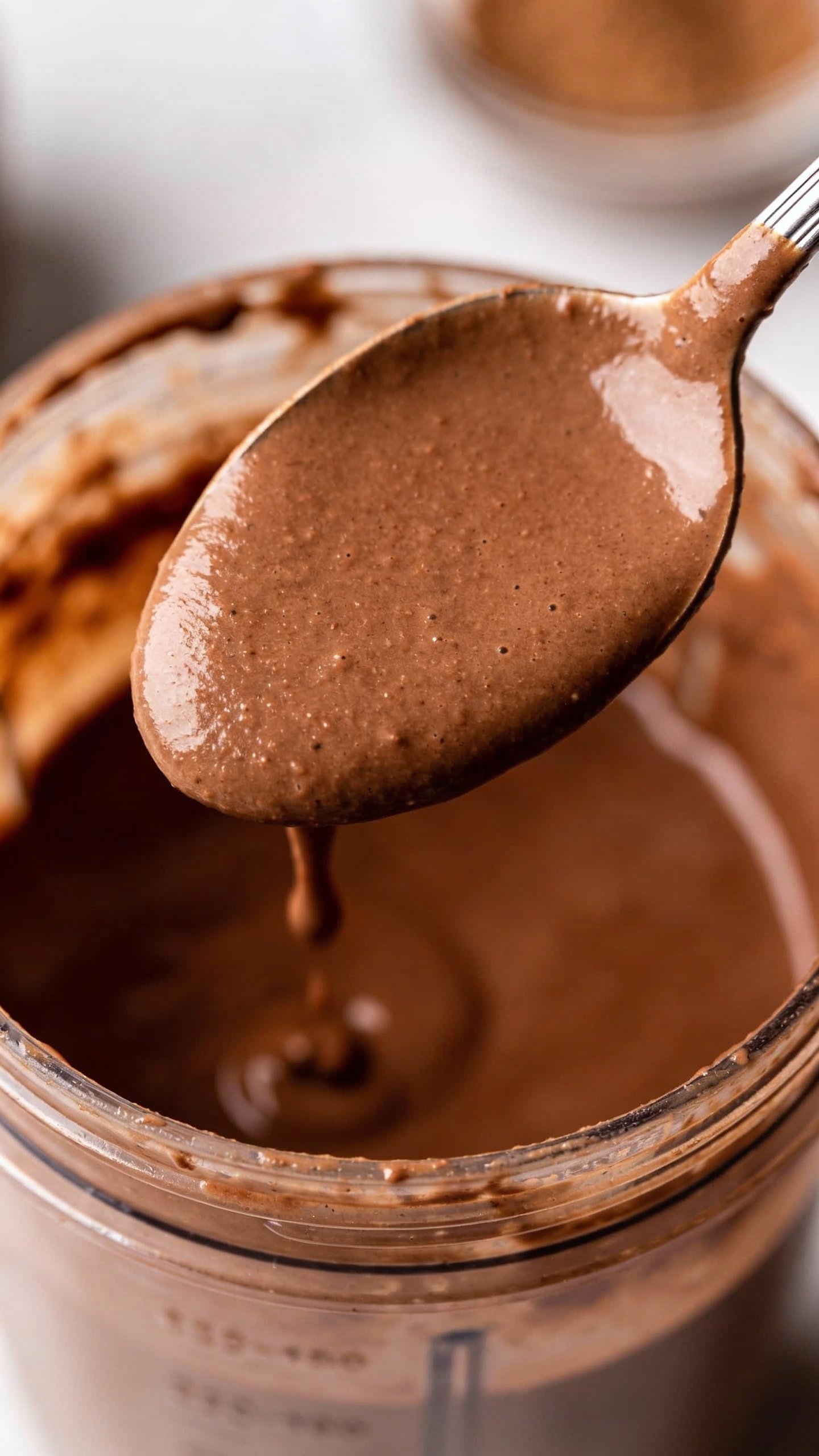 spoonful of thick chocolate smoothie above blender jar, macro shot