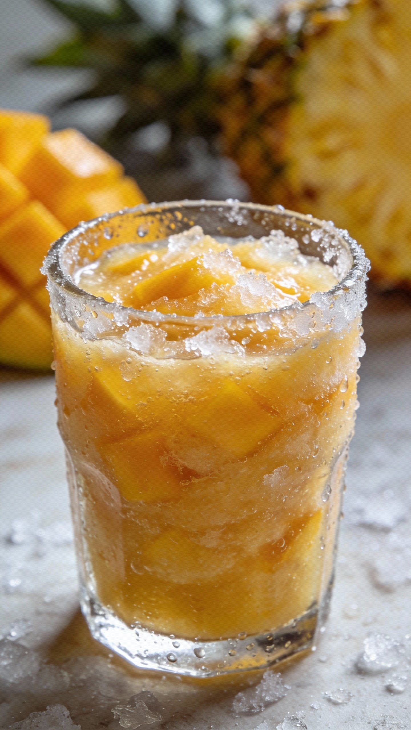 frosty mango pineapple smoothie in clear glass, closeup
