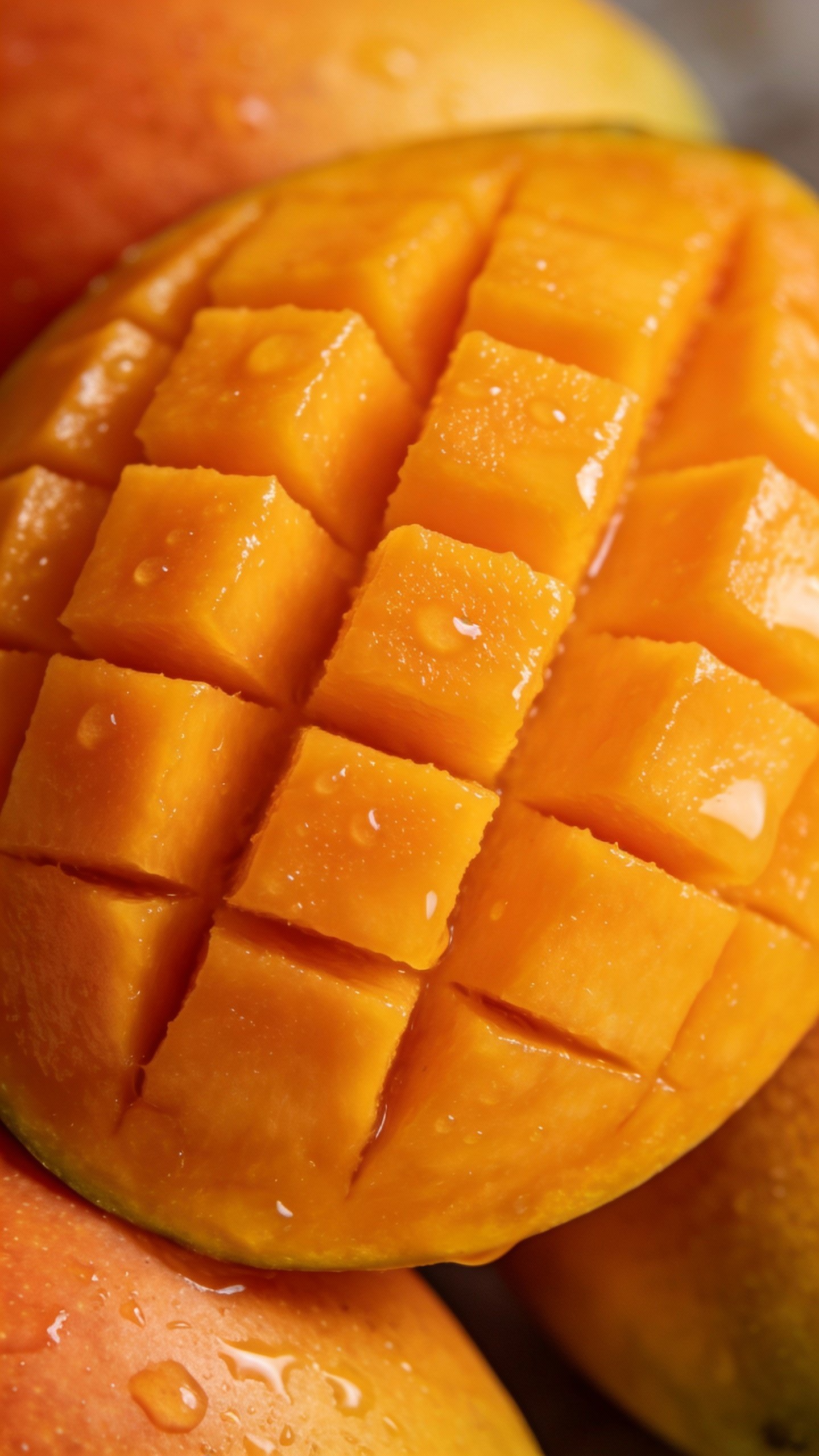 ripe mango half with crosshatch cubes, macro shot