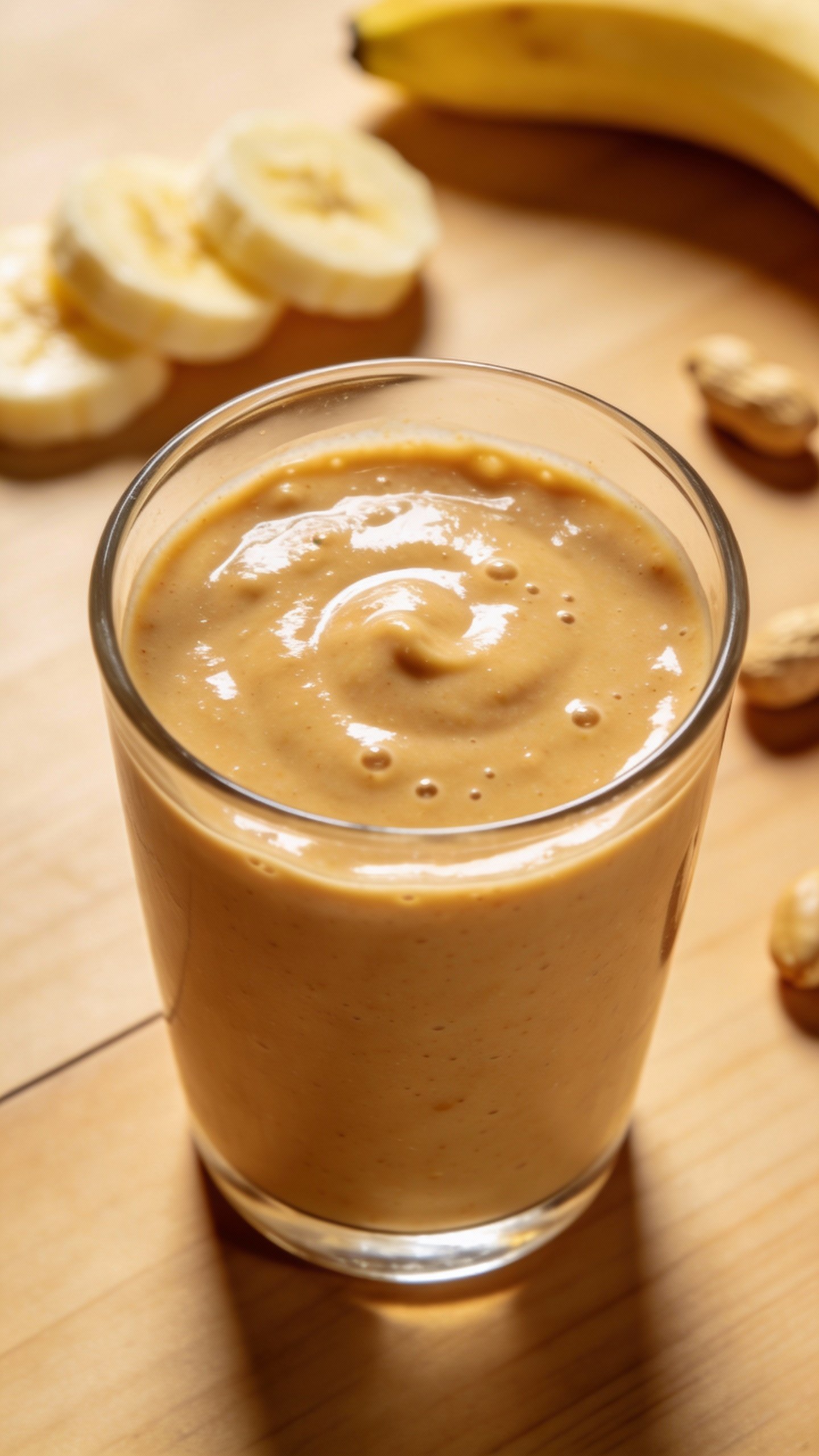 closeup banana peanut butter smoothie in a clear glass