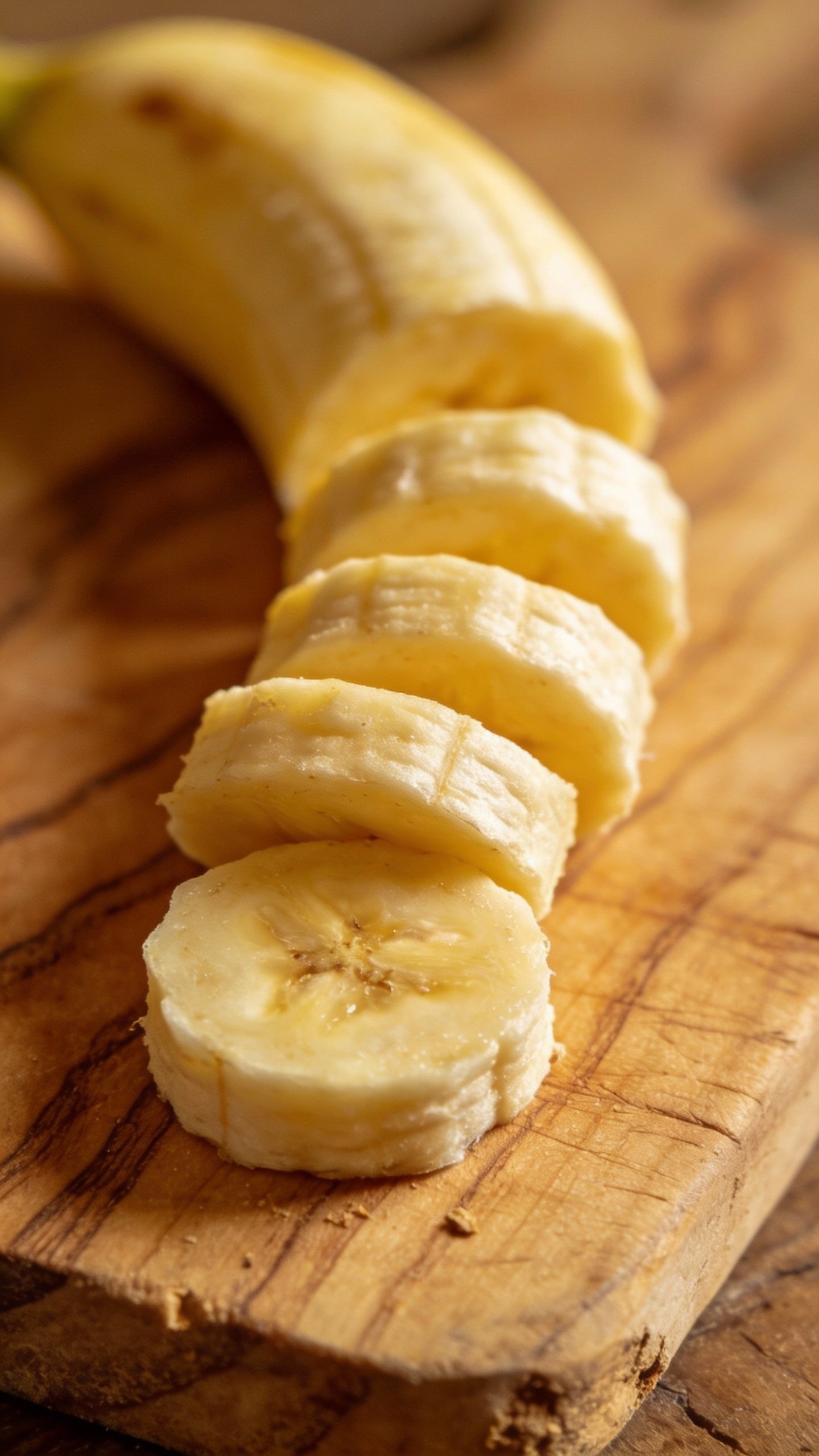 ripe banana sliced on a wooden cutting board, macro shot