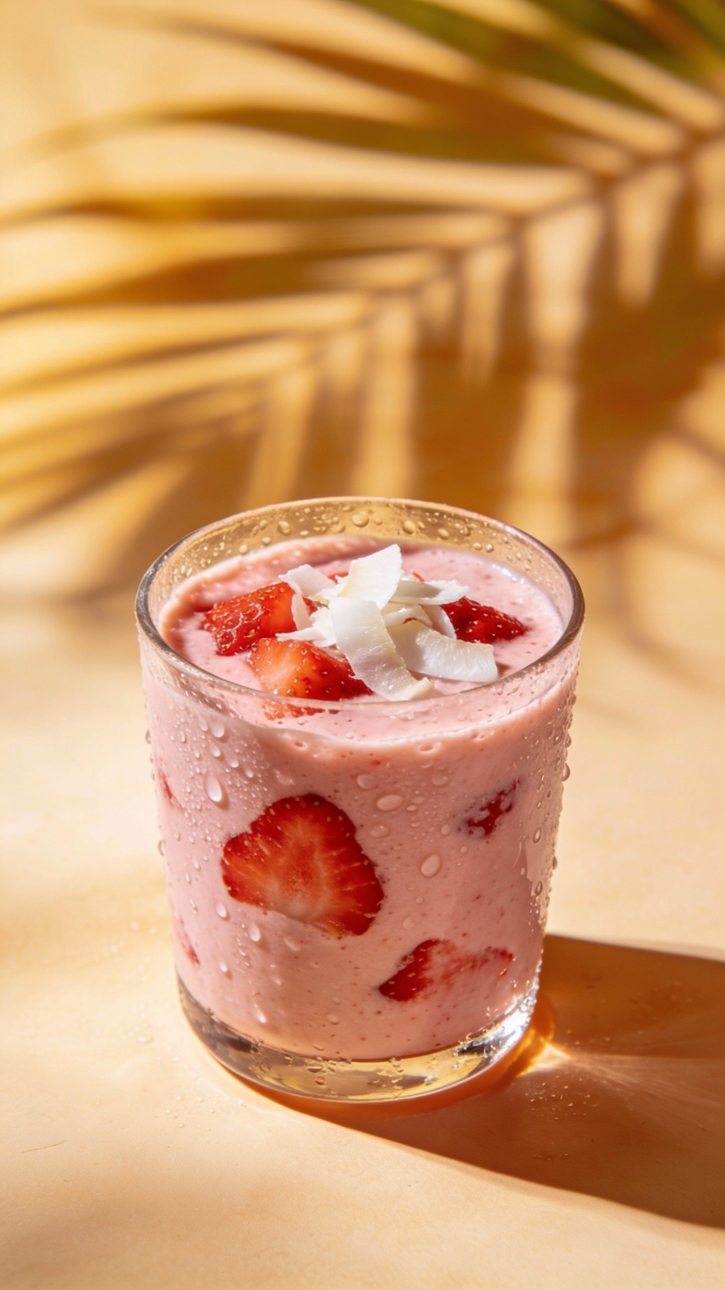 closeup of strawberry coconut smoothie in clear glass, tropical light