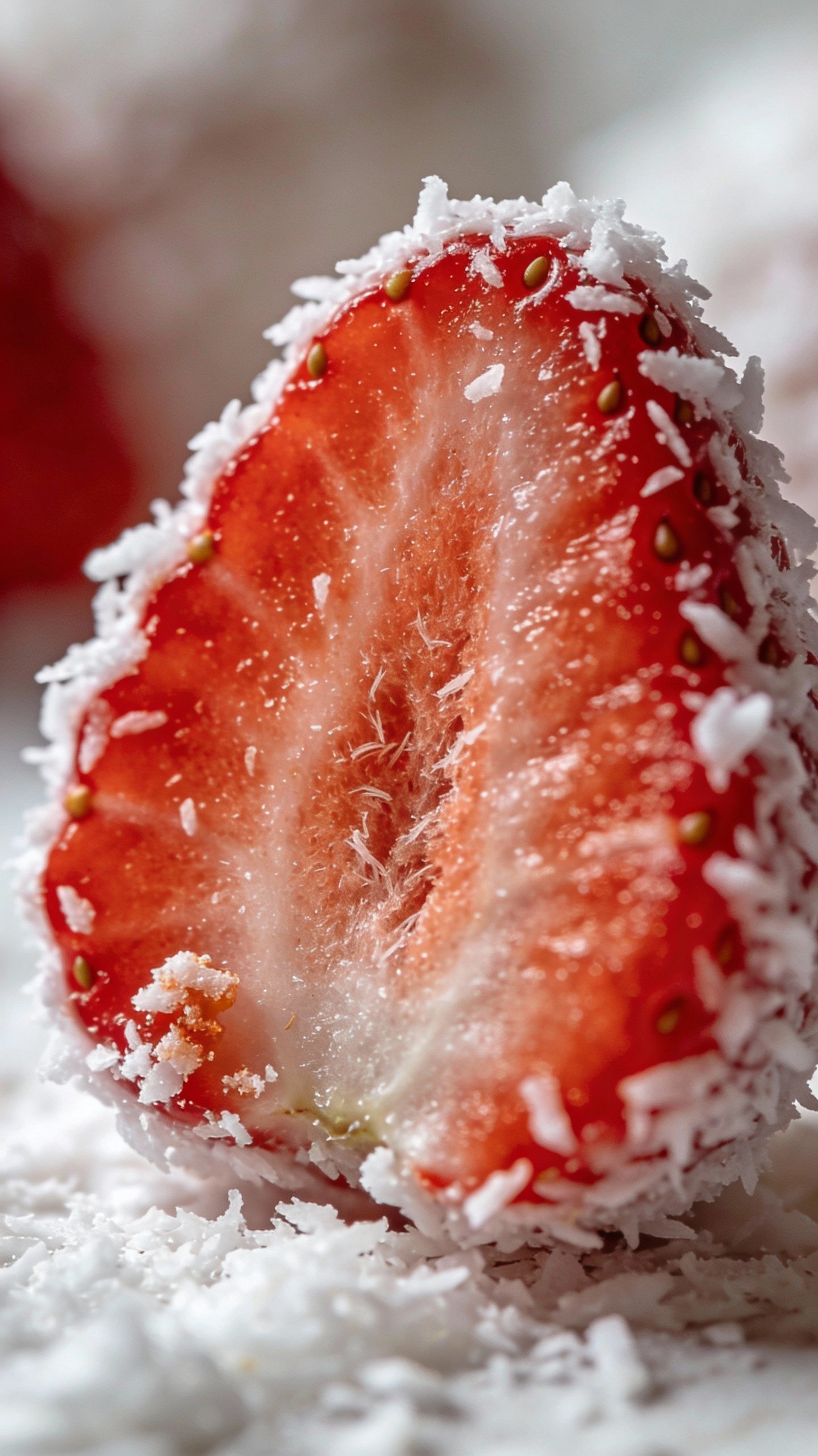 single halved strawberry dipped in coconut flakes, macro shot