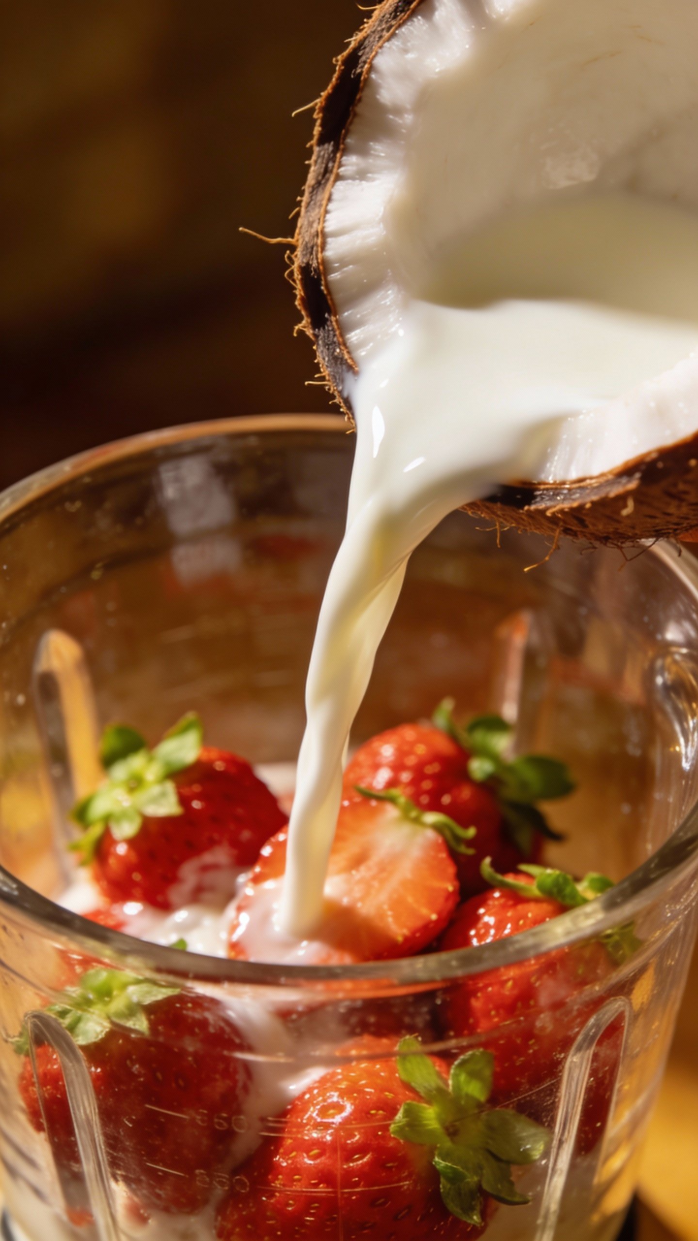 coconut milk pouring into blender with strawberries, tight crop