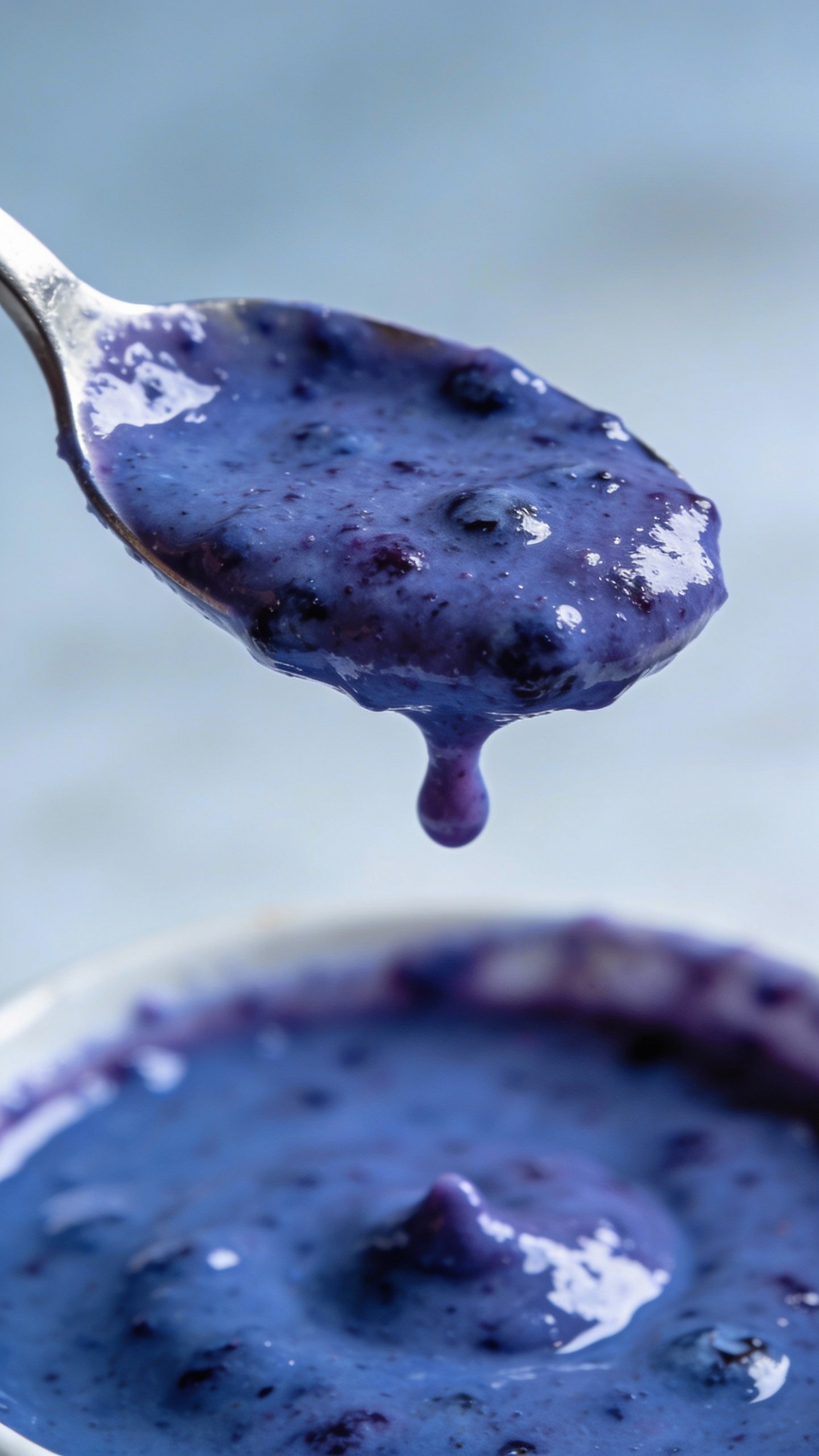 single spoonful of thick blueberry smoothie, drip detail