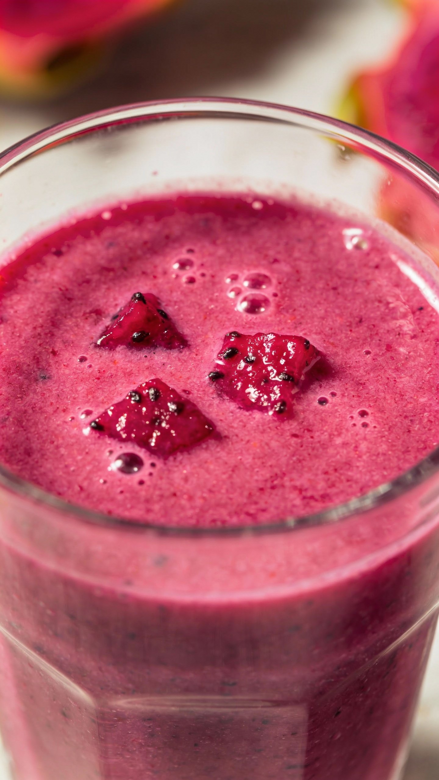 closeup of tropical berry smoothie in clear glass, vibrant magenta