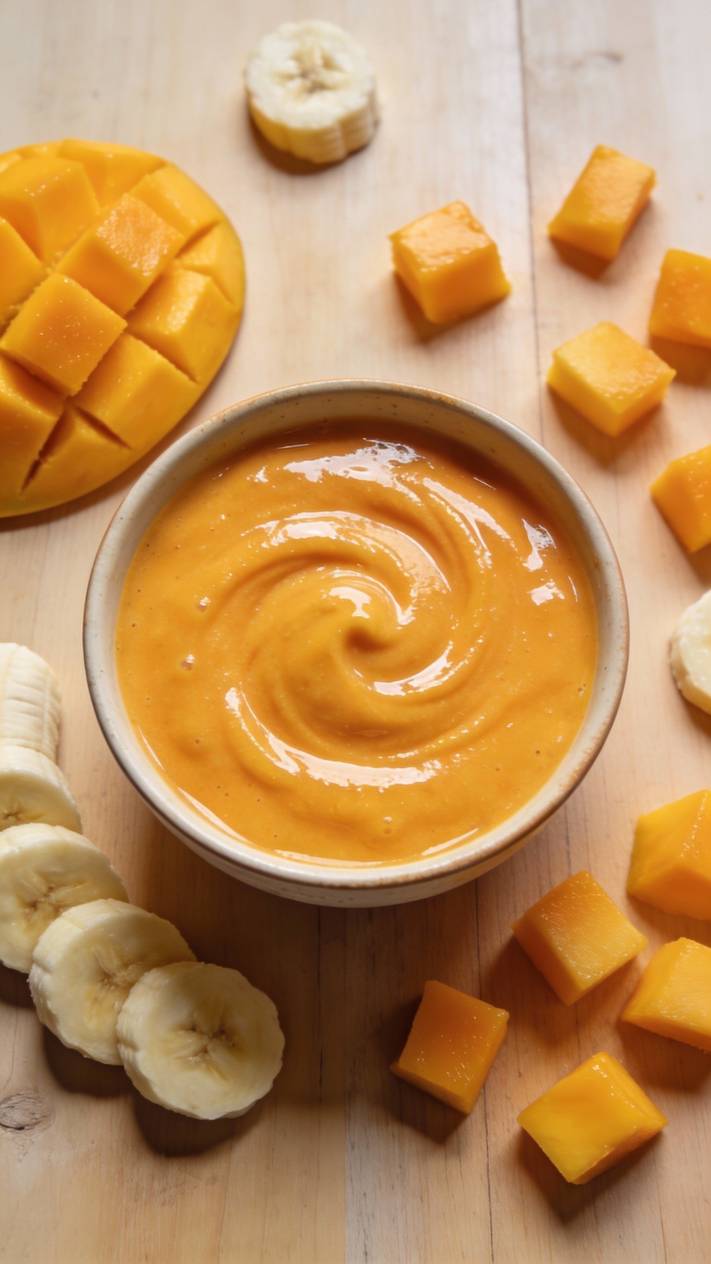 overhead shot of mango banana smoothie bowl, glossy swirl