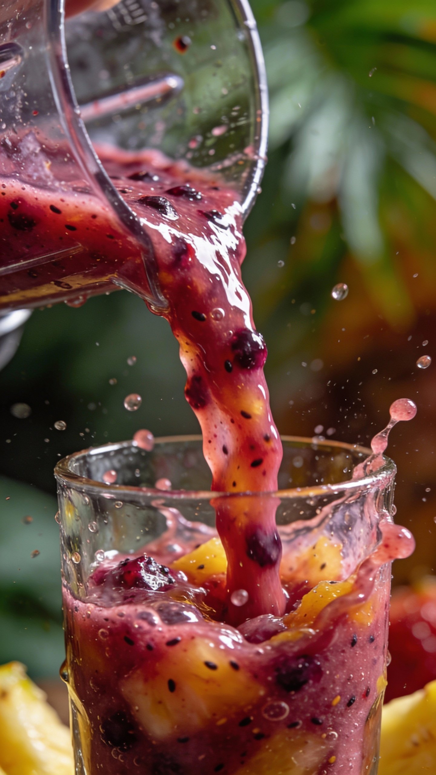 macro of blender pouring berry-tropical smoothie stream into glass