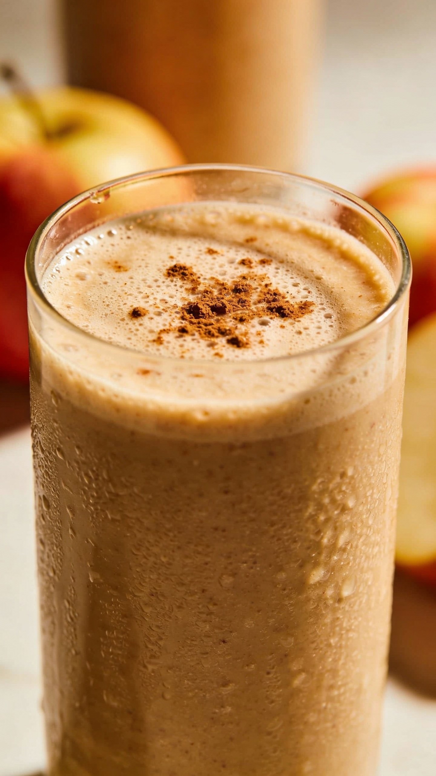 closeup apple cinnamon protein smoothie in clear glass