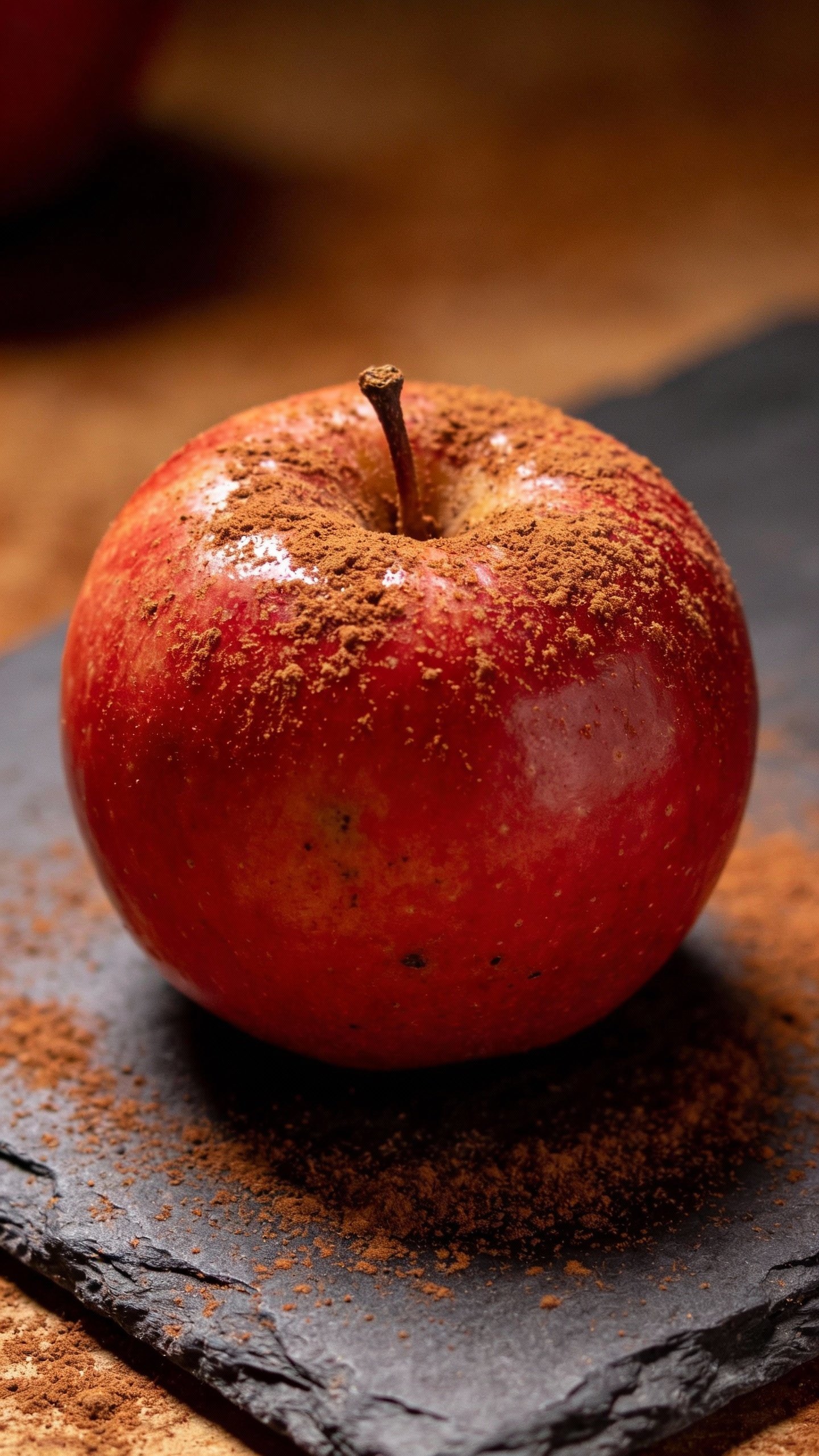 single red apple with cinnamon dust on slate
